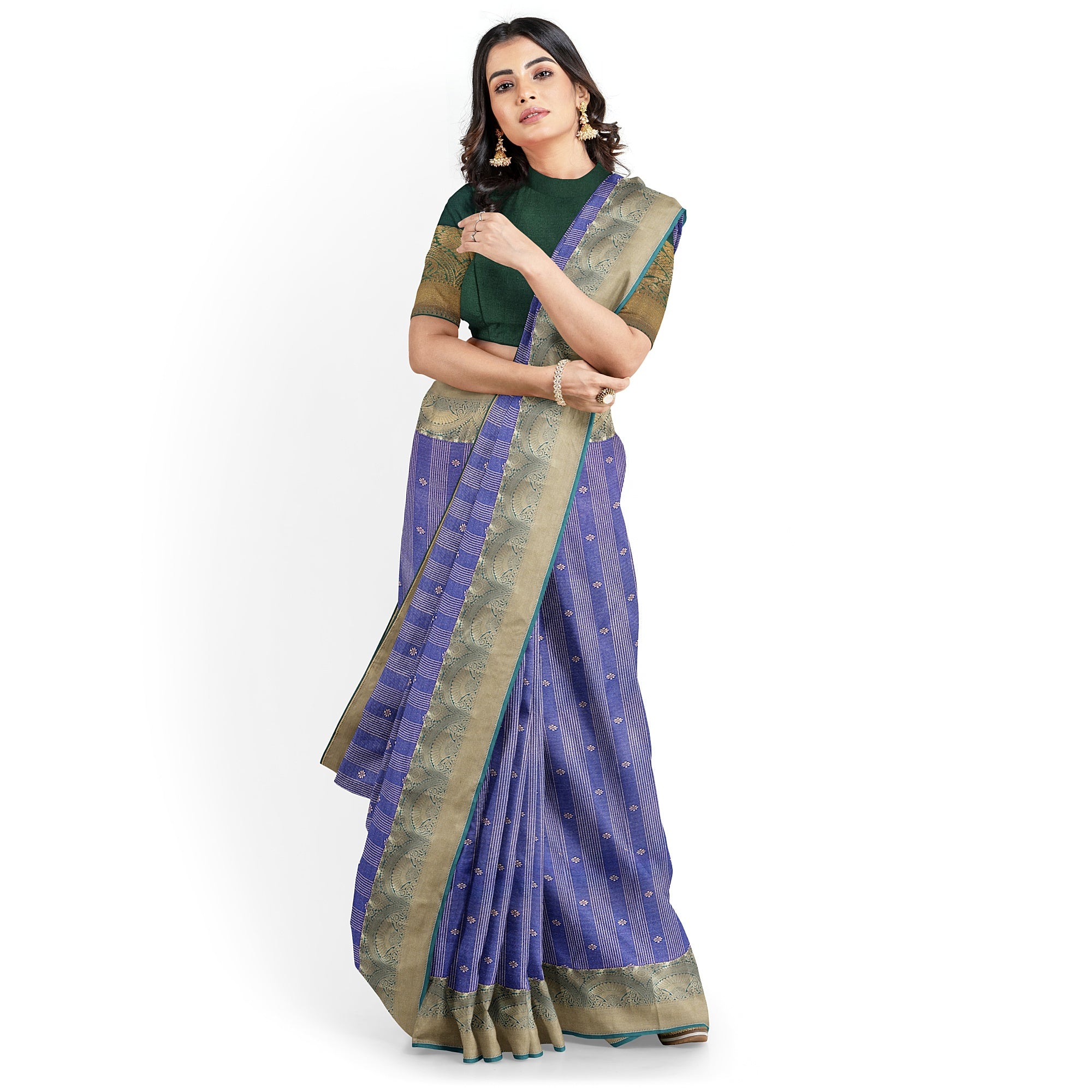 "Blue Zari Semi Silk Saree with Green Border – Elegant Ethnic Wear" - New Sudarshan Silks`