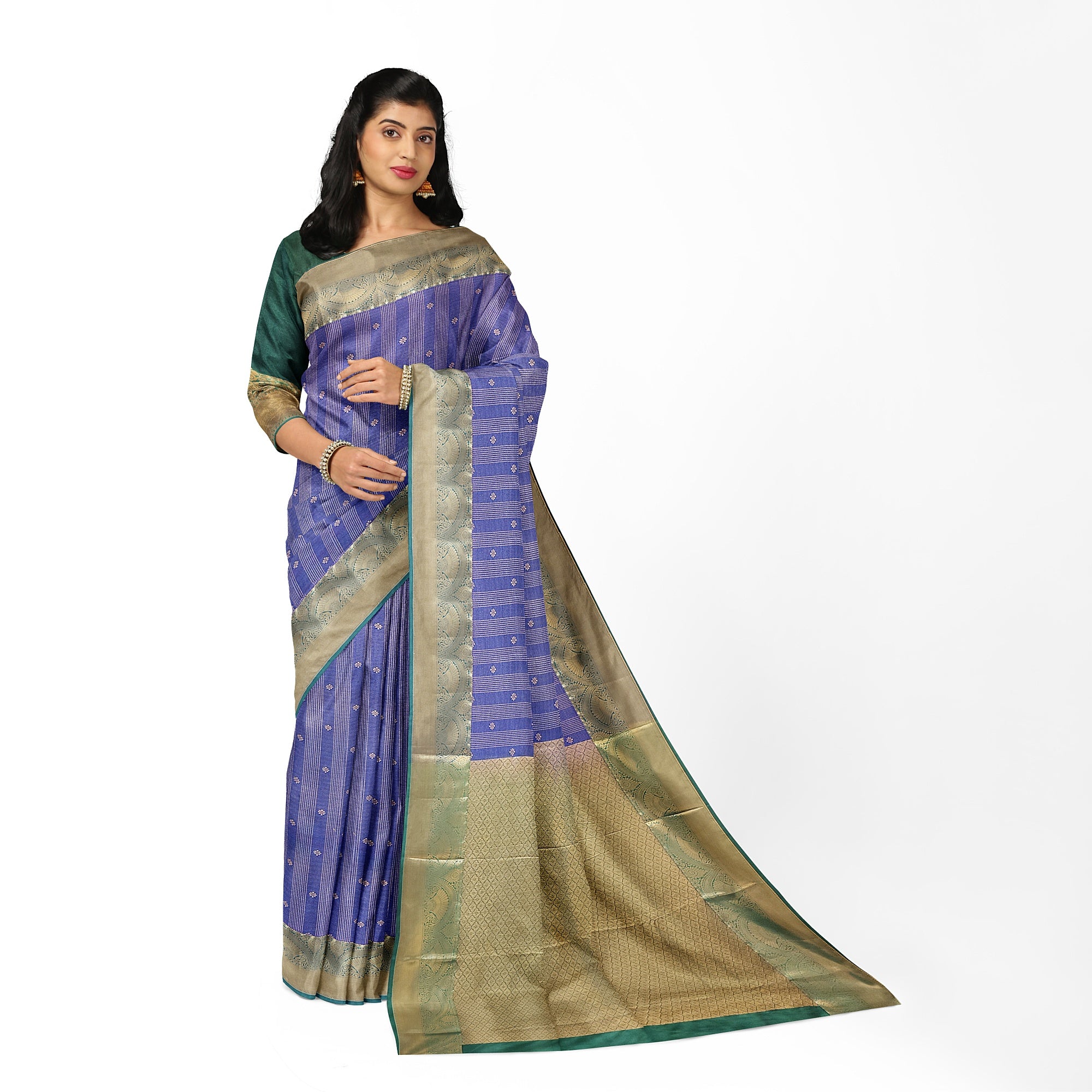 "Blue Zari Semi Silk Saree with Green Border – Elegant Ethnic Wear" - New Sudarshan Silks`