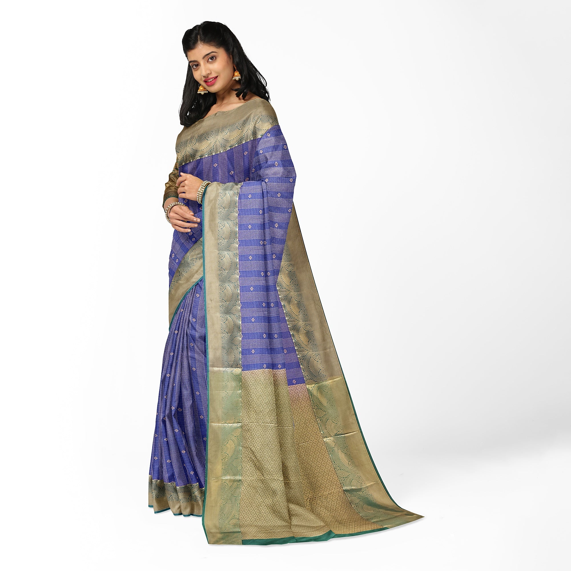 "Blue Zari Semi Silk Saree with Green Border – Elegant Ethnic Wear" - New Sudarshan Silks`