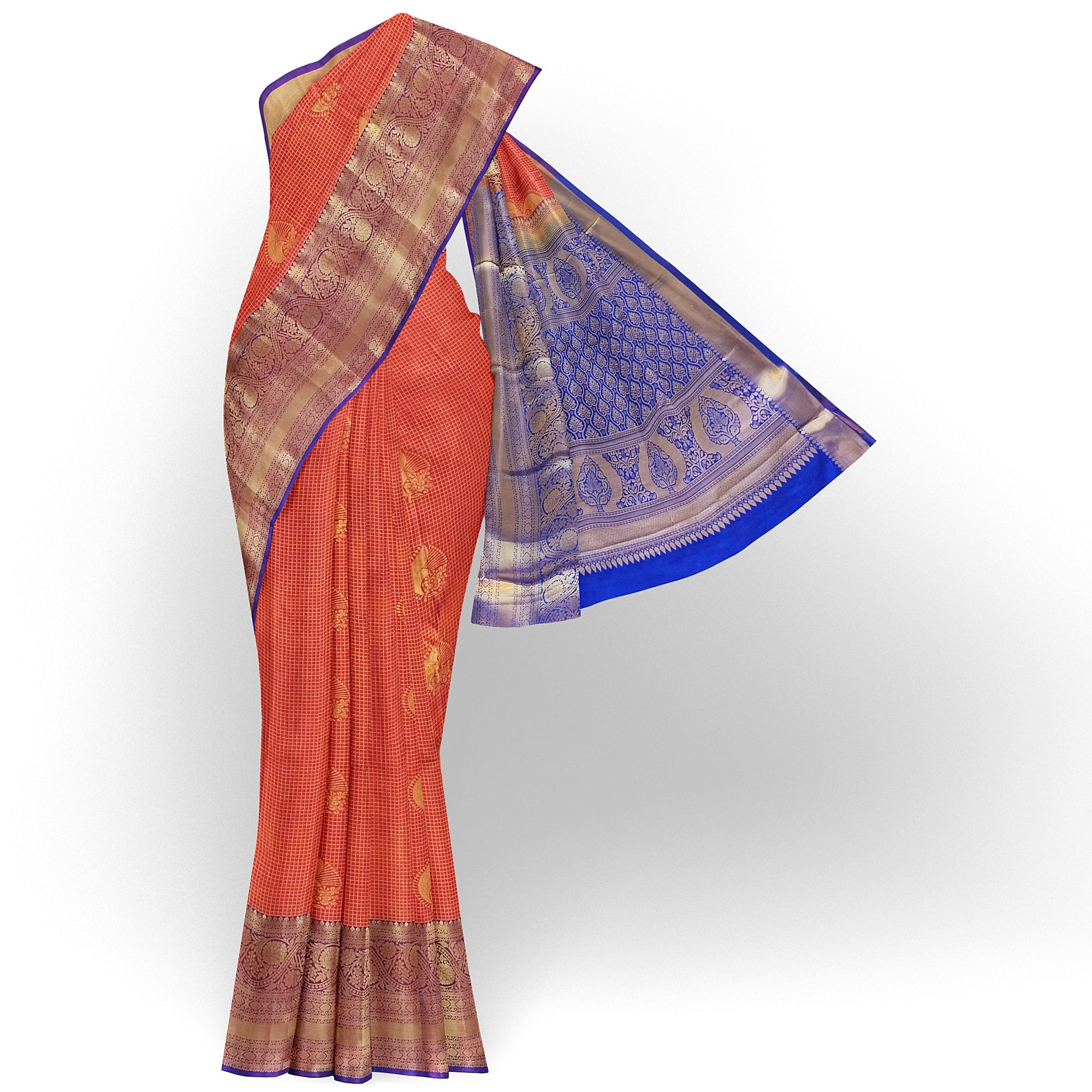 "Double Shade Orange Butta Semi Silk Saree with Ink Blue Border – Exquisite Semi Silk Sarees for Occasions" - New Sudarshan Silks`