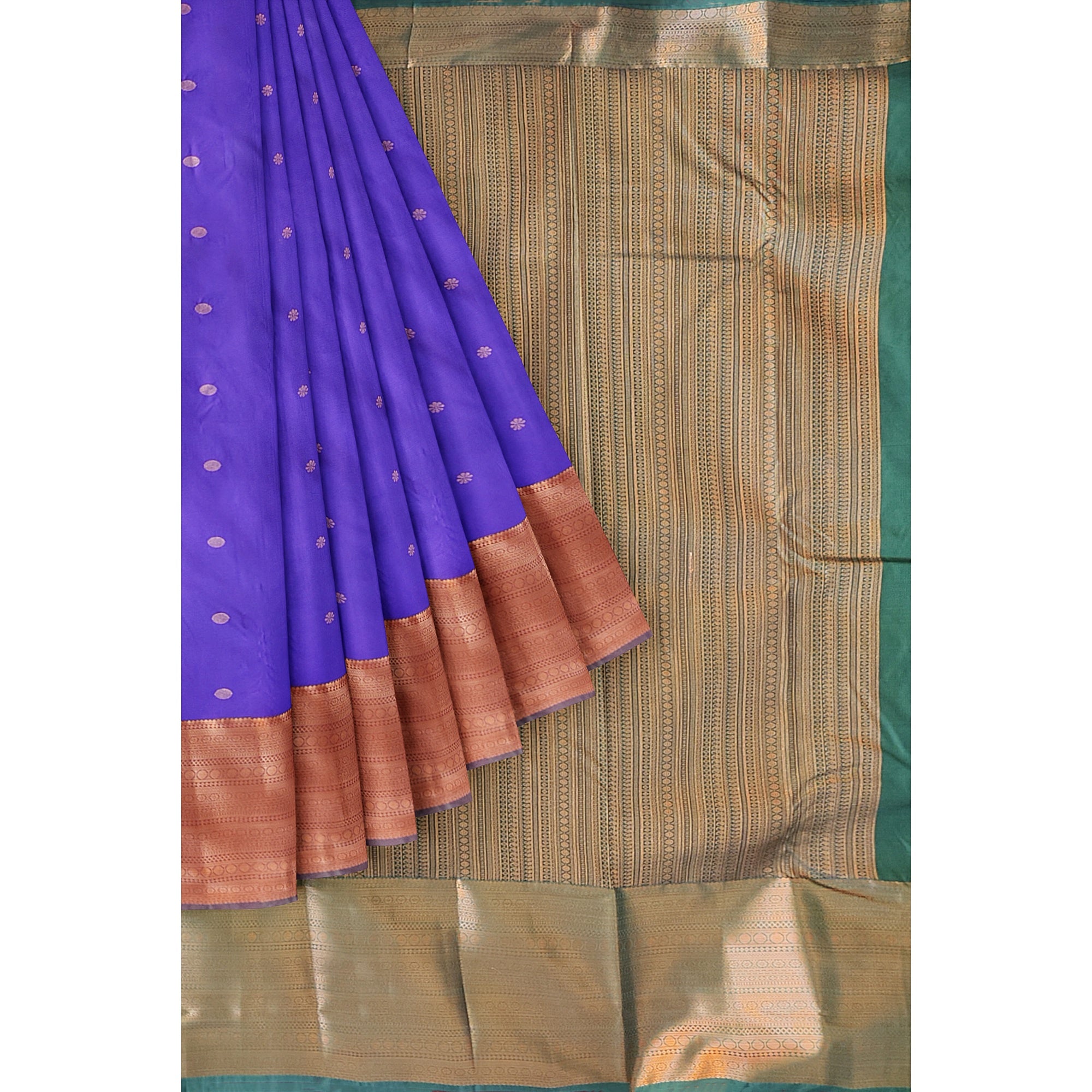 "Purple Butta Semi Silk Saree with Dark Green Border – Elegant Semi Silk Sarees Online" - New Sudarshan Silks`