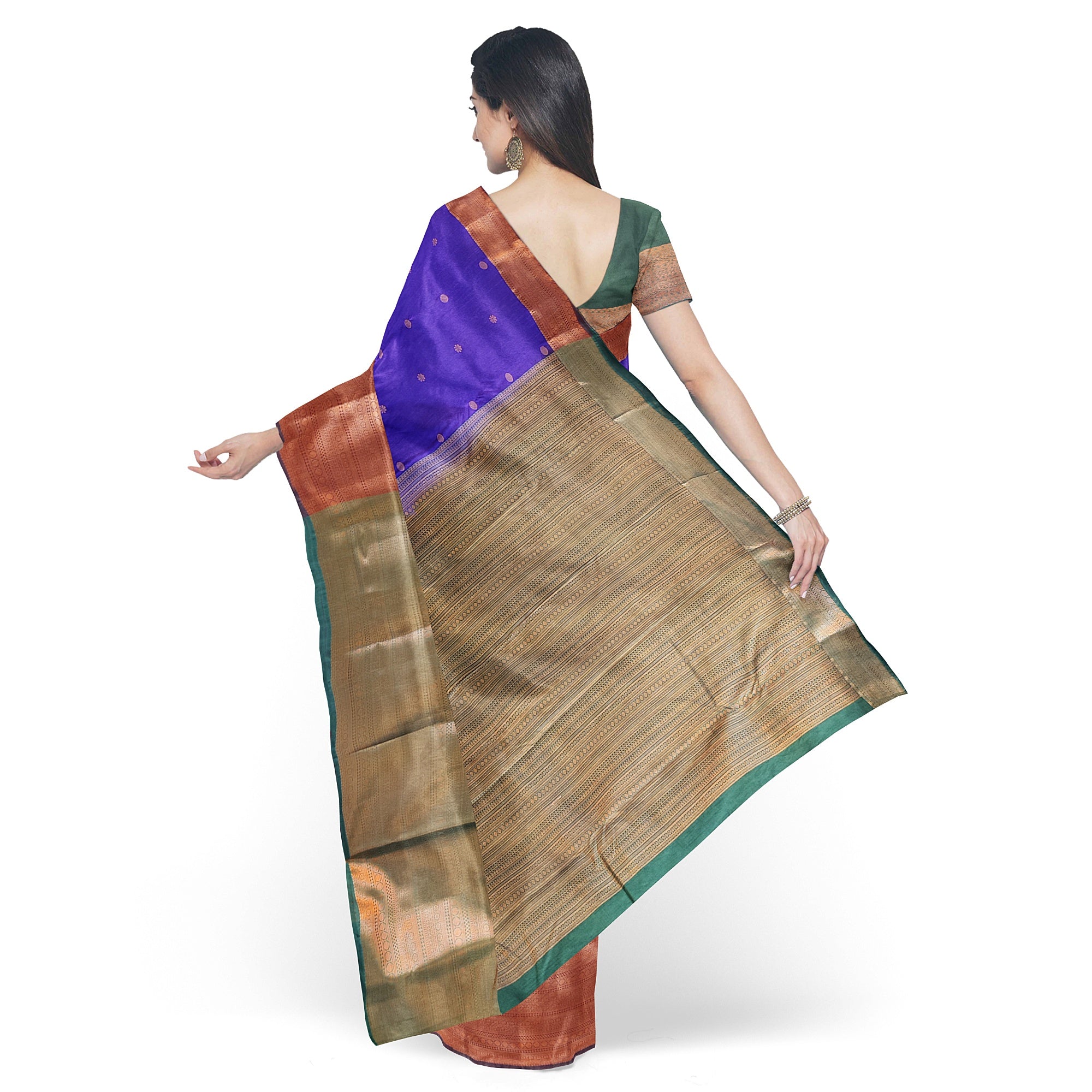"Purple Butta Semi Silk Saree with Dark Green Border – Elegant Semi Silk Sarees Online" - New Sudarshan Silks`