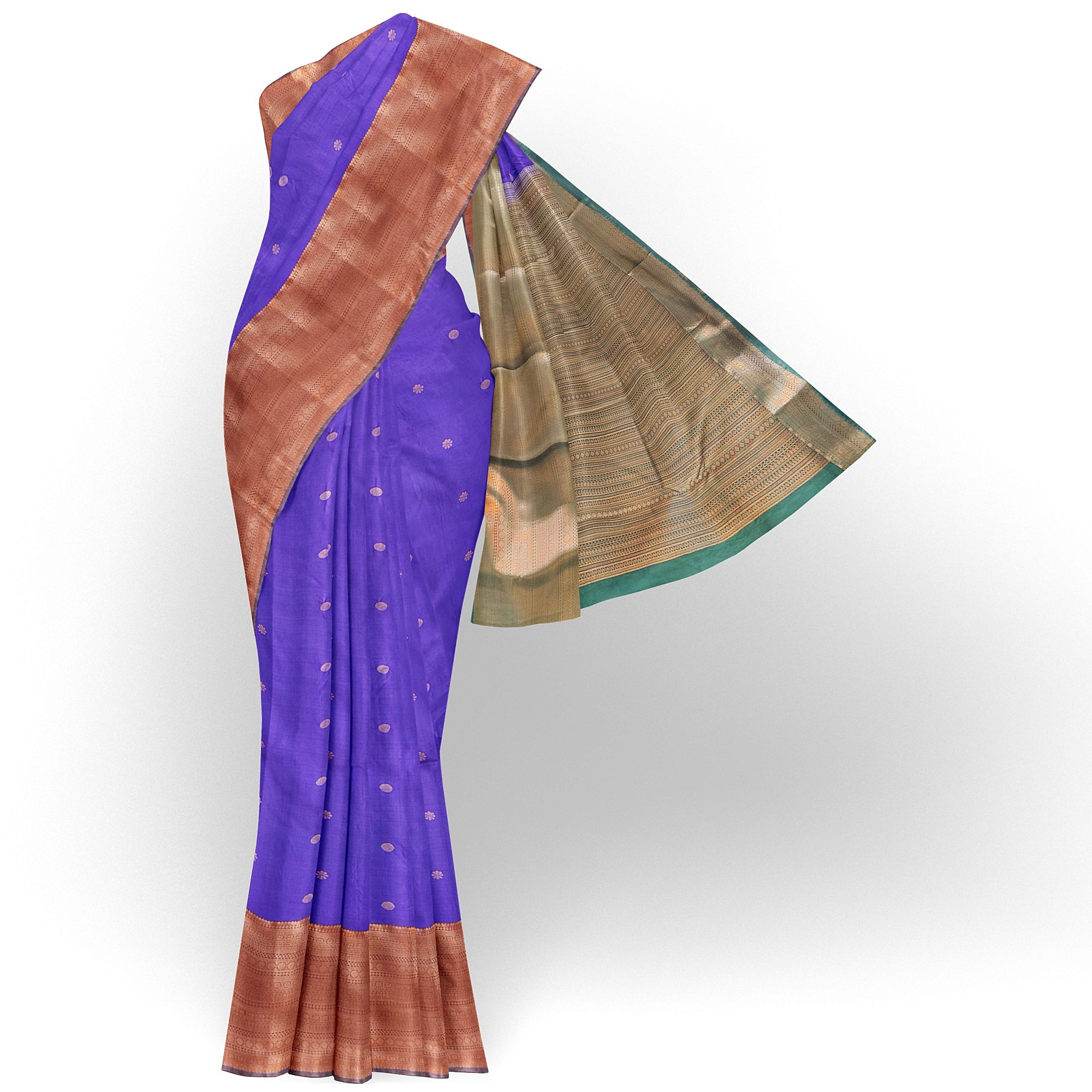 "Purple Butta Semi Silk Saree with Dark Green Border – Elegant Semi Silk Sarees Online" - New Sudarshan Silks`