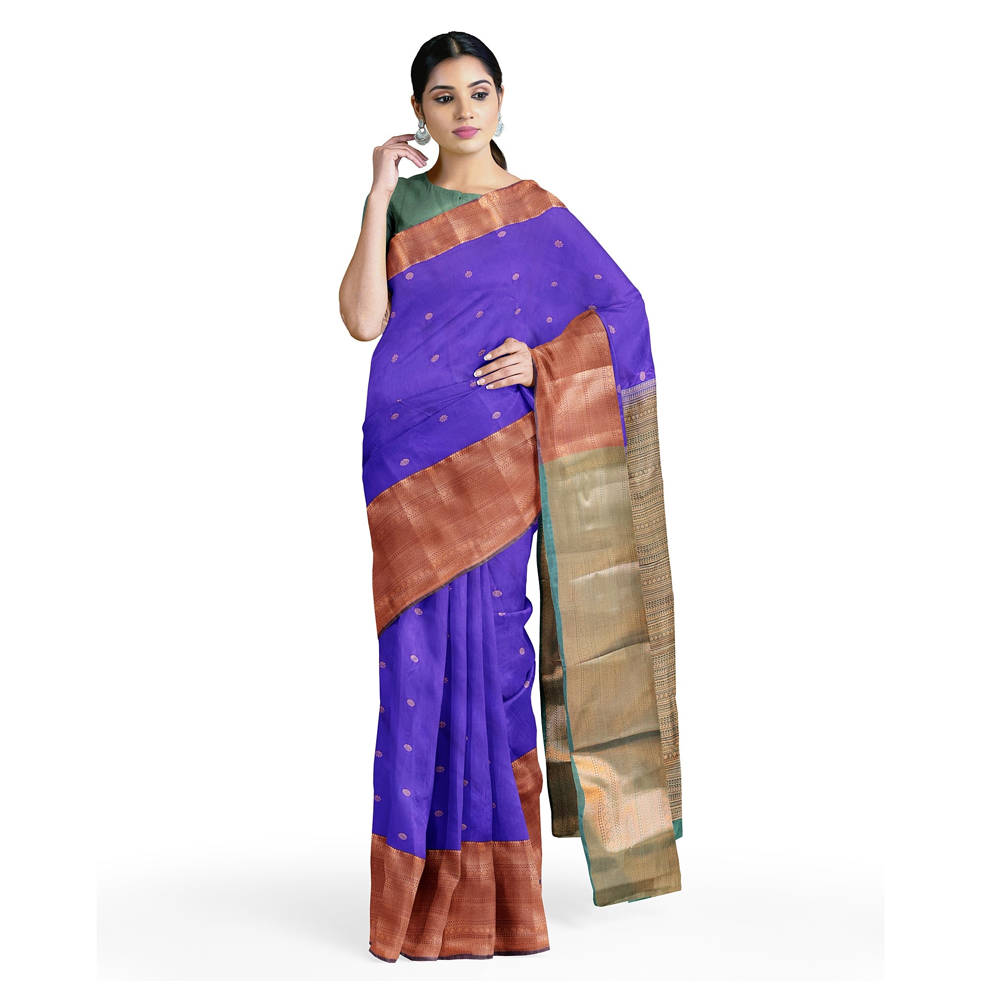 "Purple Butta Semi Silk Saree with Dark Green Border – Elegant Semi Silk Sarees Online" - New Sudarshan Silks`