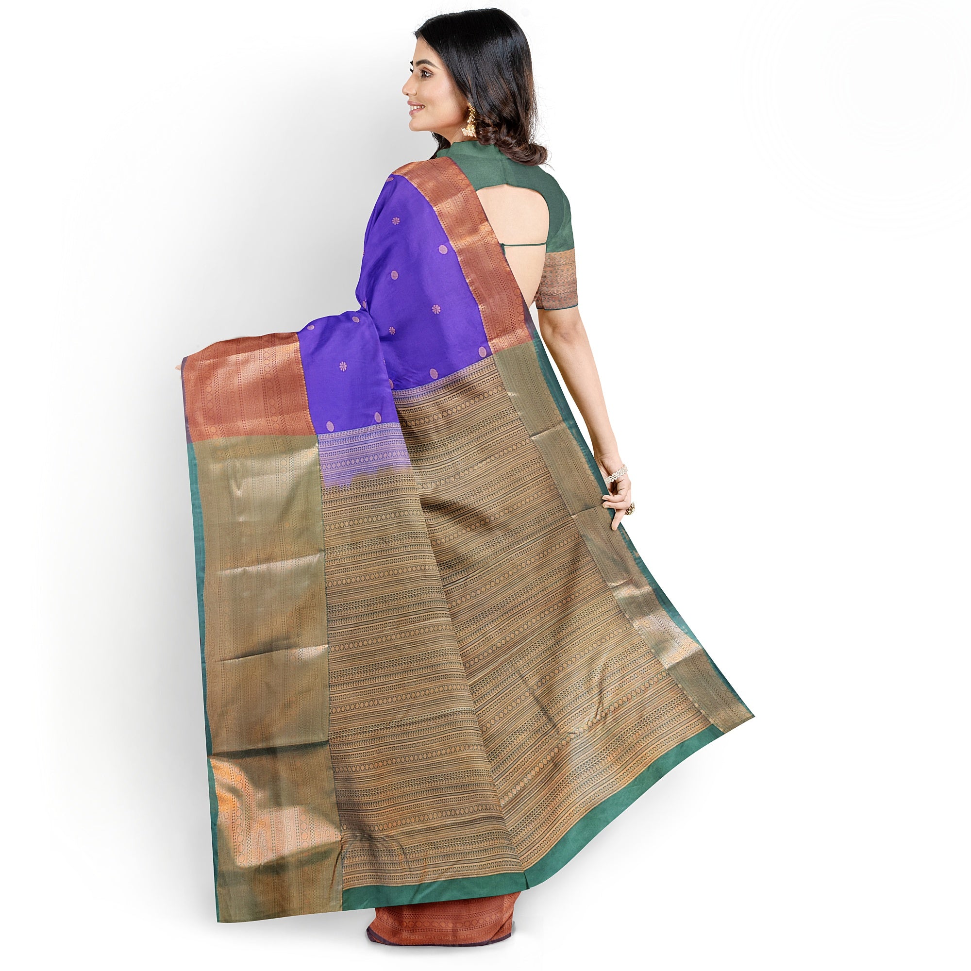 "Purple Butta Semi Silk Saree with Dark Green Border – Elegant Semi Silk Sarees Online" - New Sudarshan Silks`