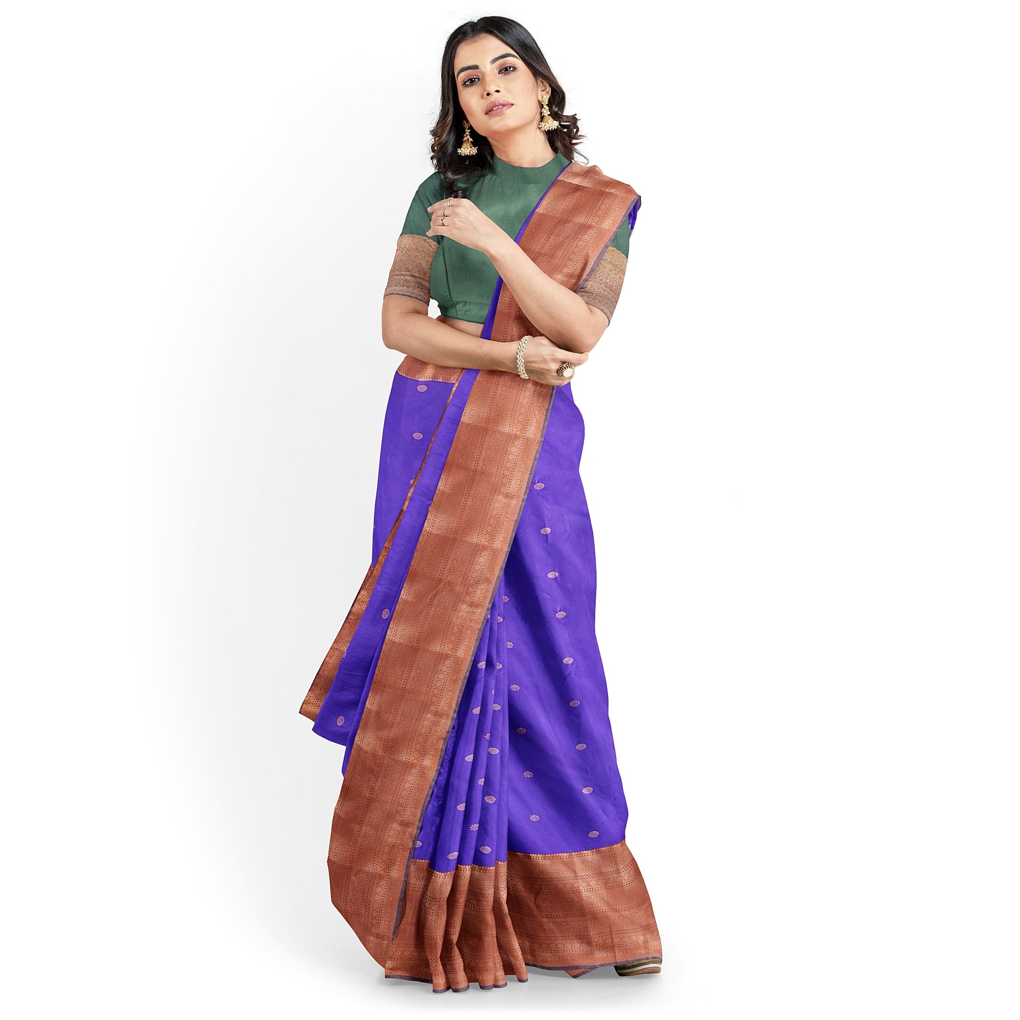"Purple Butta Semi Silk Saree with Dark Green Border – Elegant Semi Silk Sarees Online" - New Sudarshan Silks`