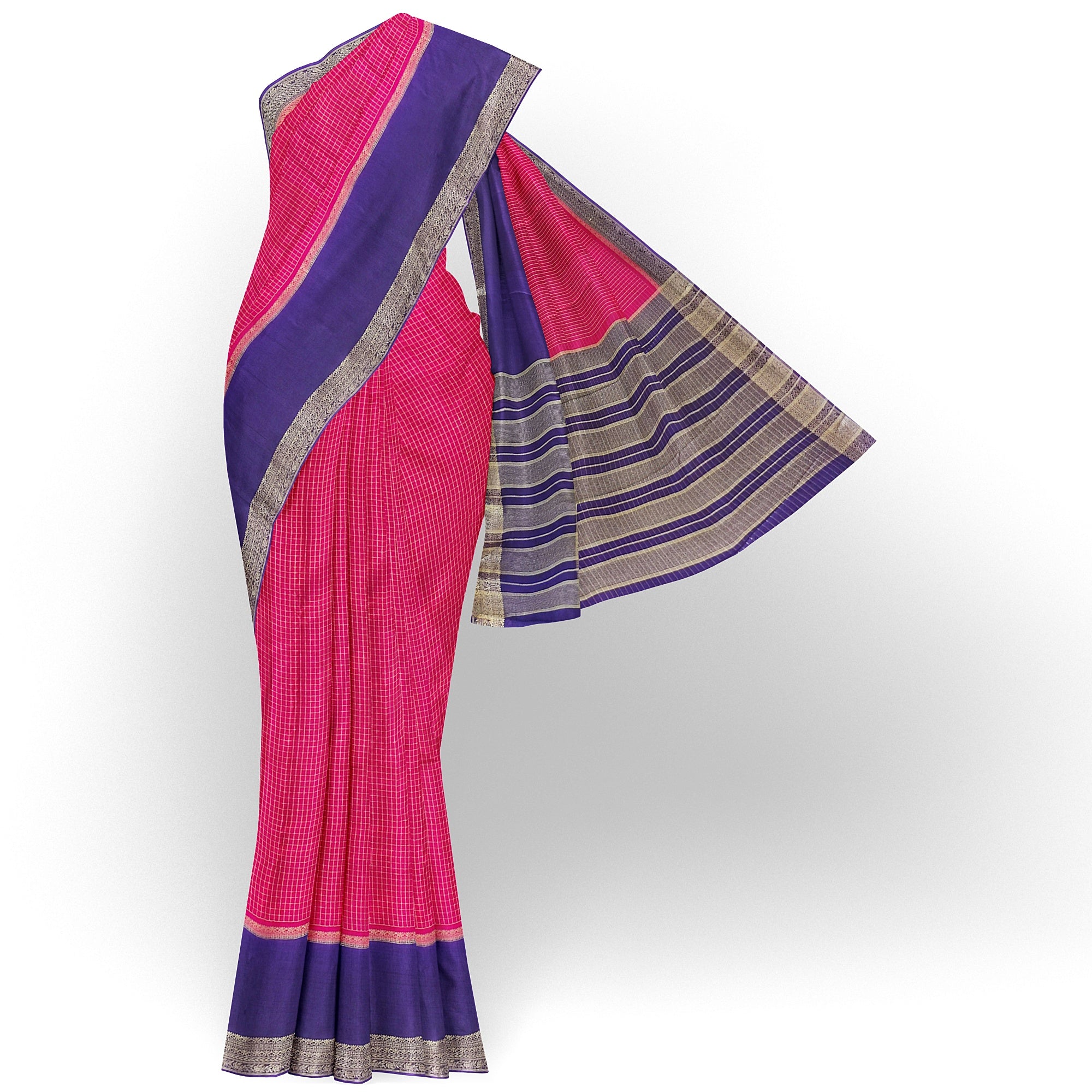 "Dark Pink Checks Crepe Raw Silk Saree with Purple Border – Traditional Elegance" - New Sudarshan Silks`