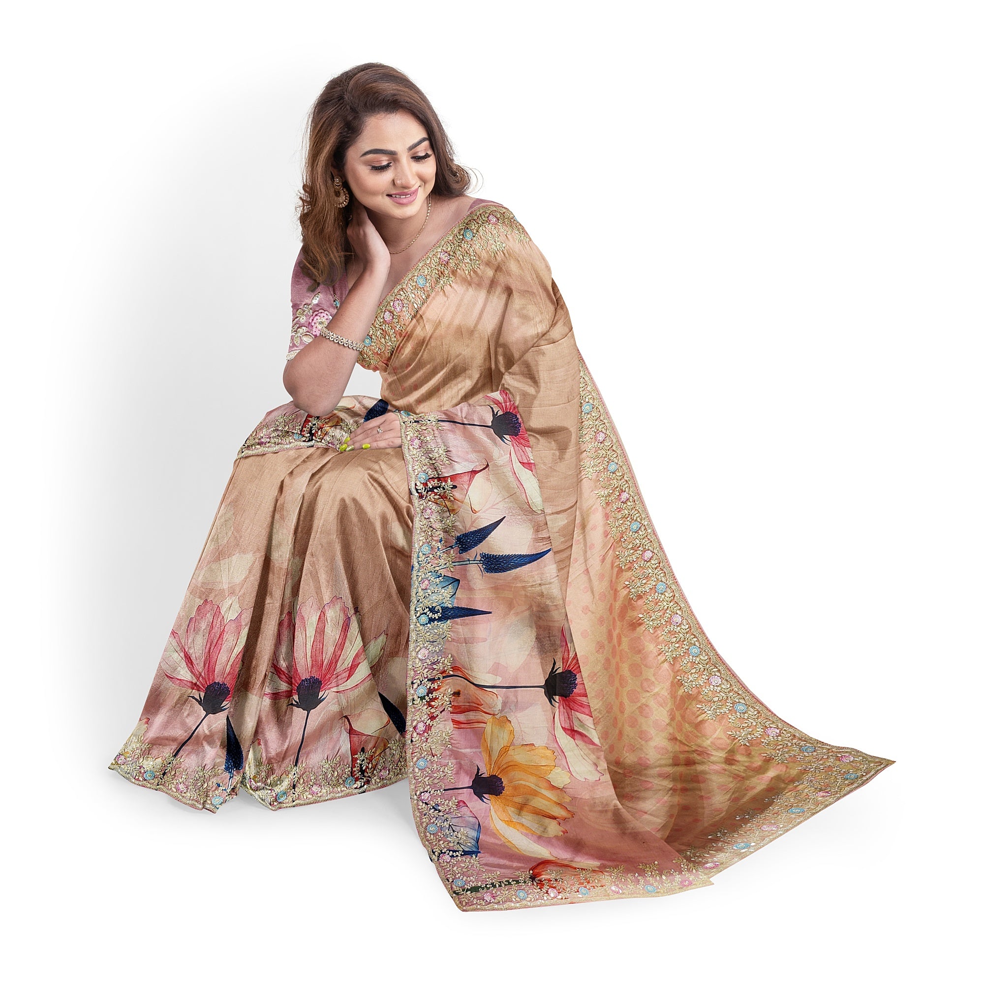 Baby Pink Floral Fancy Saree with Delicate Embroidery – Elegant Ethnic Saree Online