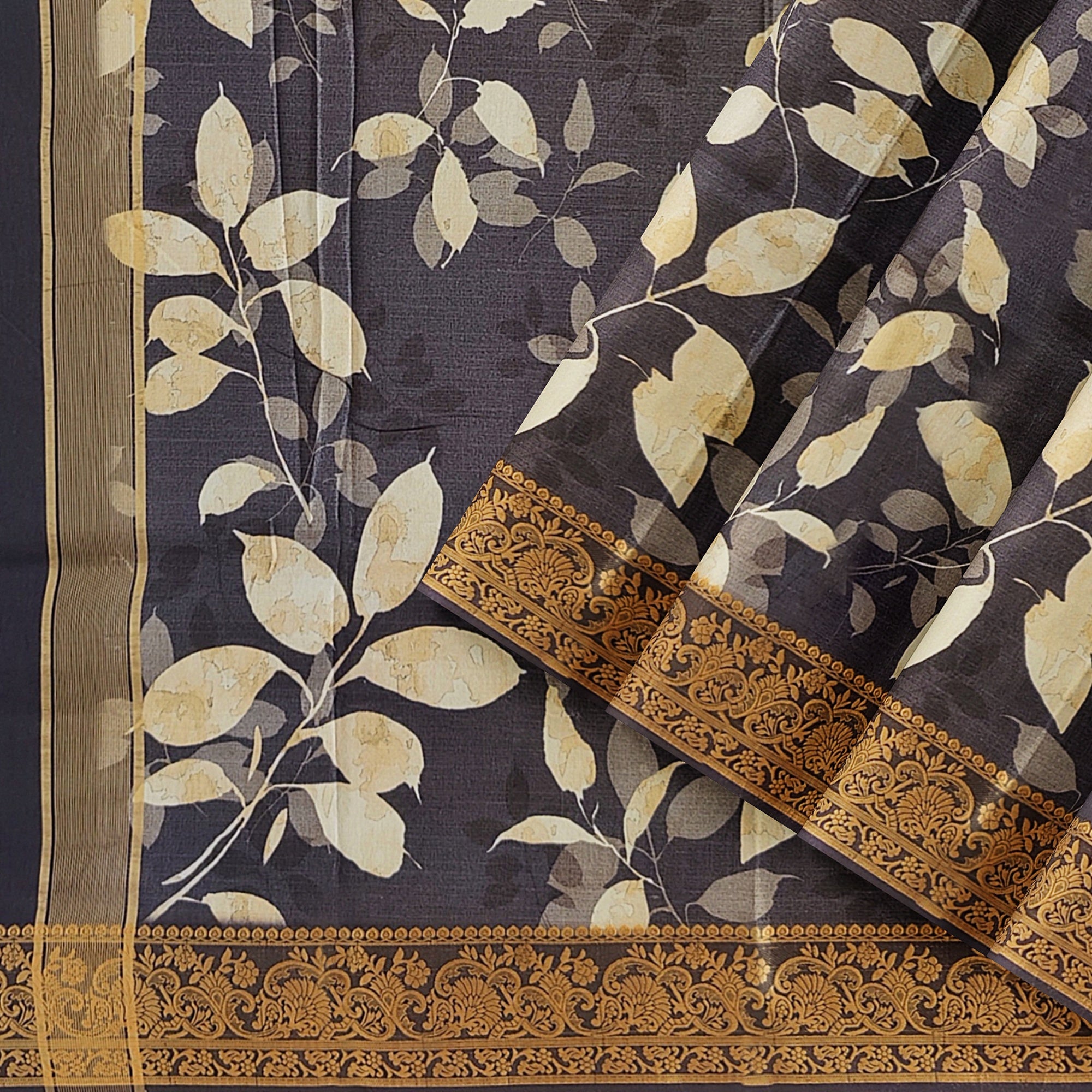 Grey Floral Print Fancy Saree with Copper Border – Stylish Printed Saree Online