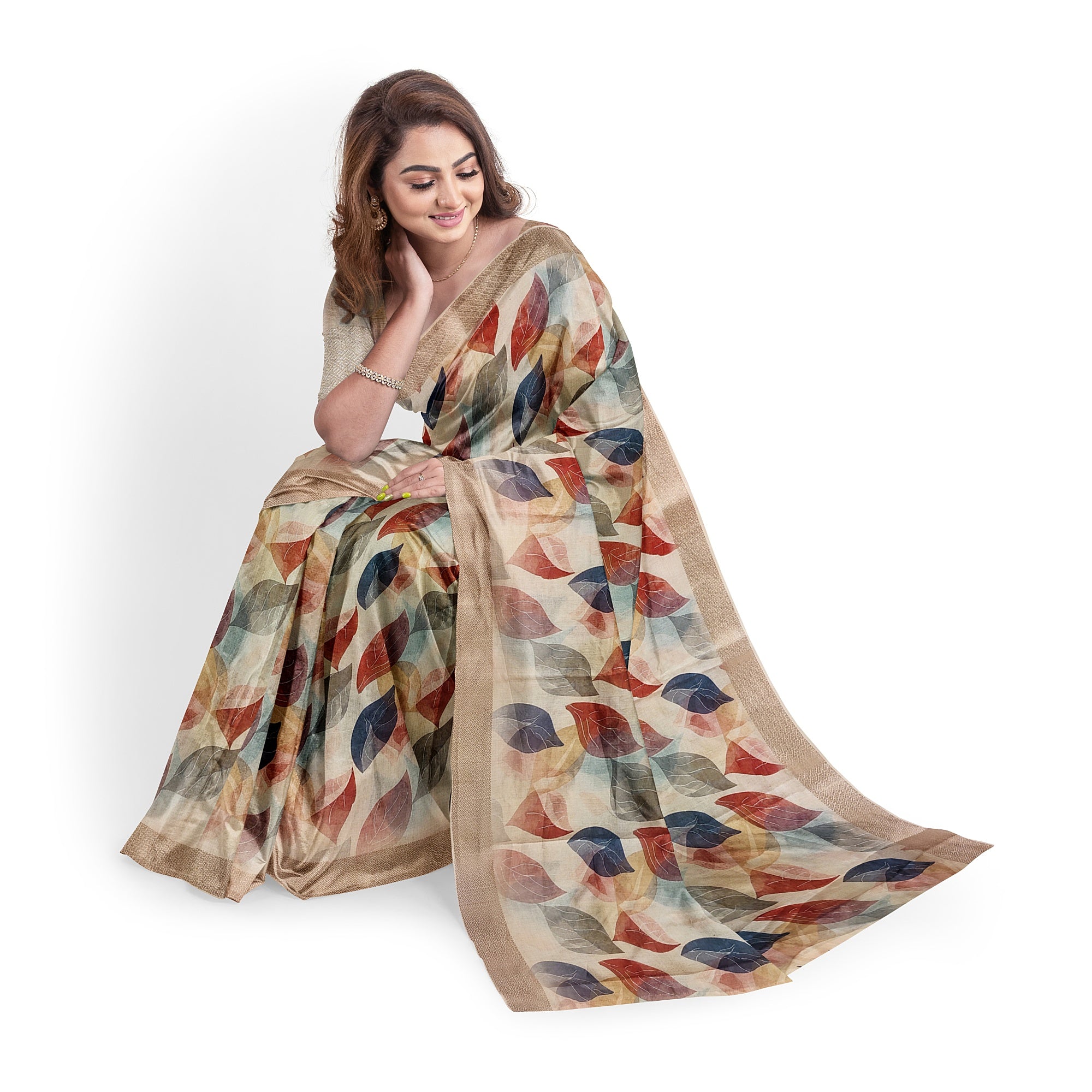 Multicolour Floral Leaf Work Fancy Saree – Vibrant Designer Saree for Festive Looks