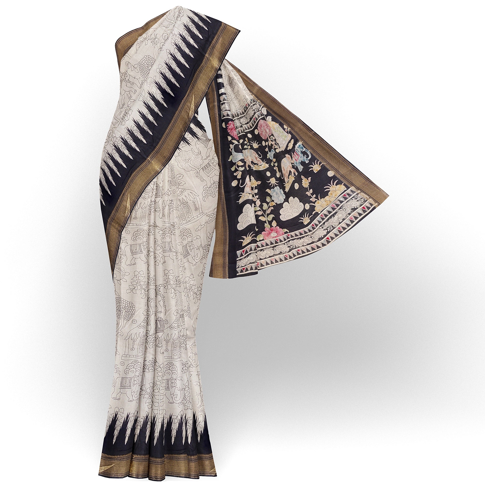 White Fancy Saree with Black Border and Kalamkari Outline Print – Contemporary Ethnic Saree Online
