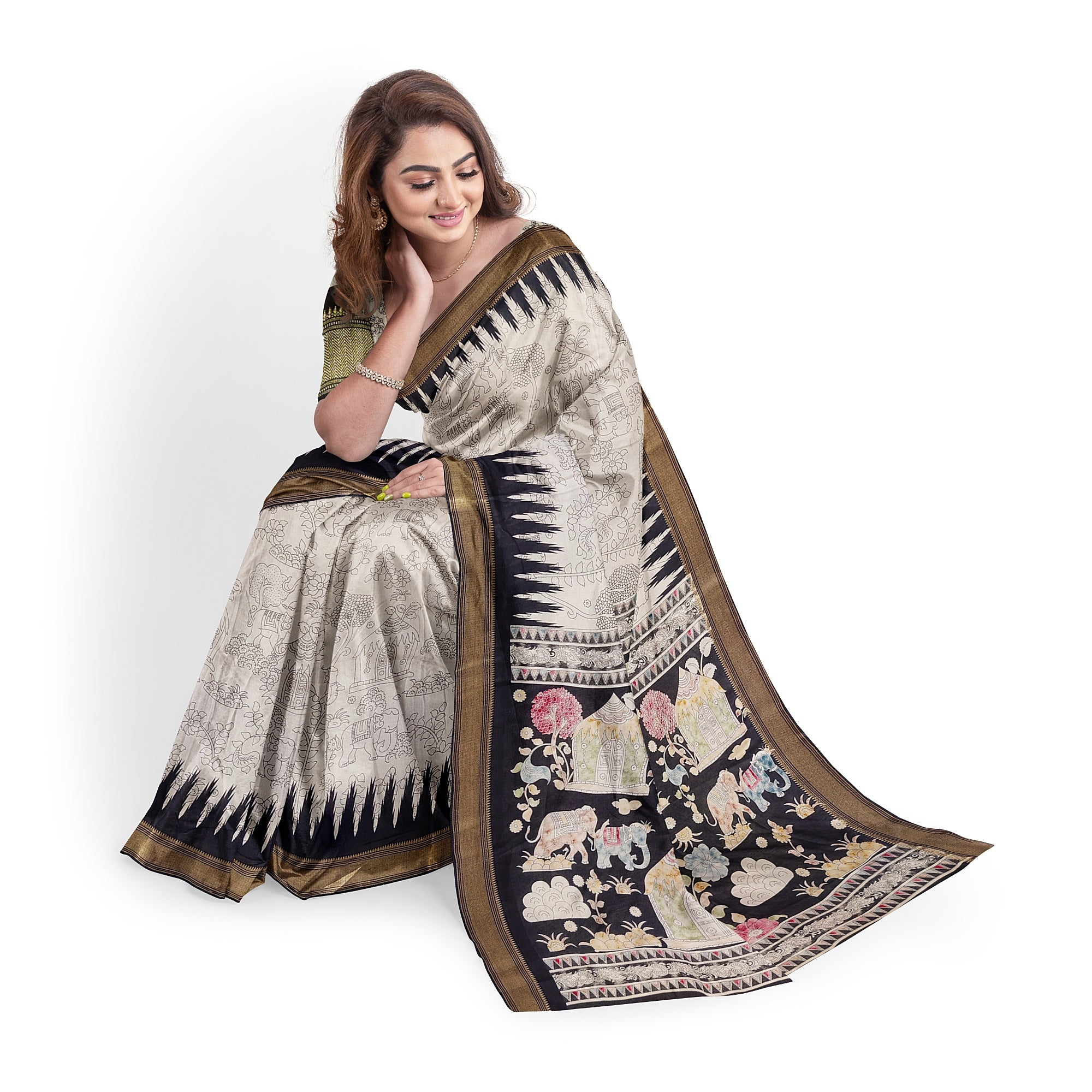 White Fancy Saree with Black Border and Kalamkari Outline Print – Contemporary Ethnic Saree Online