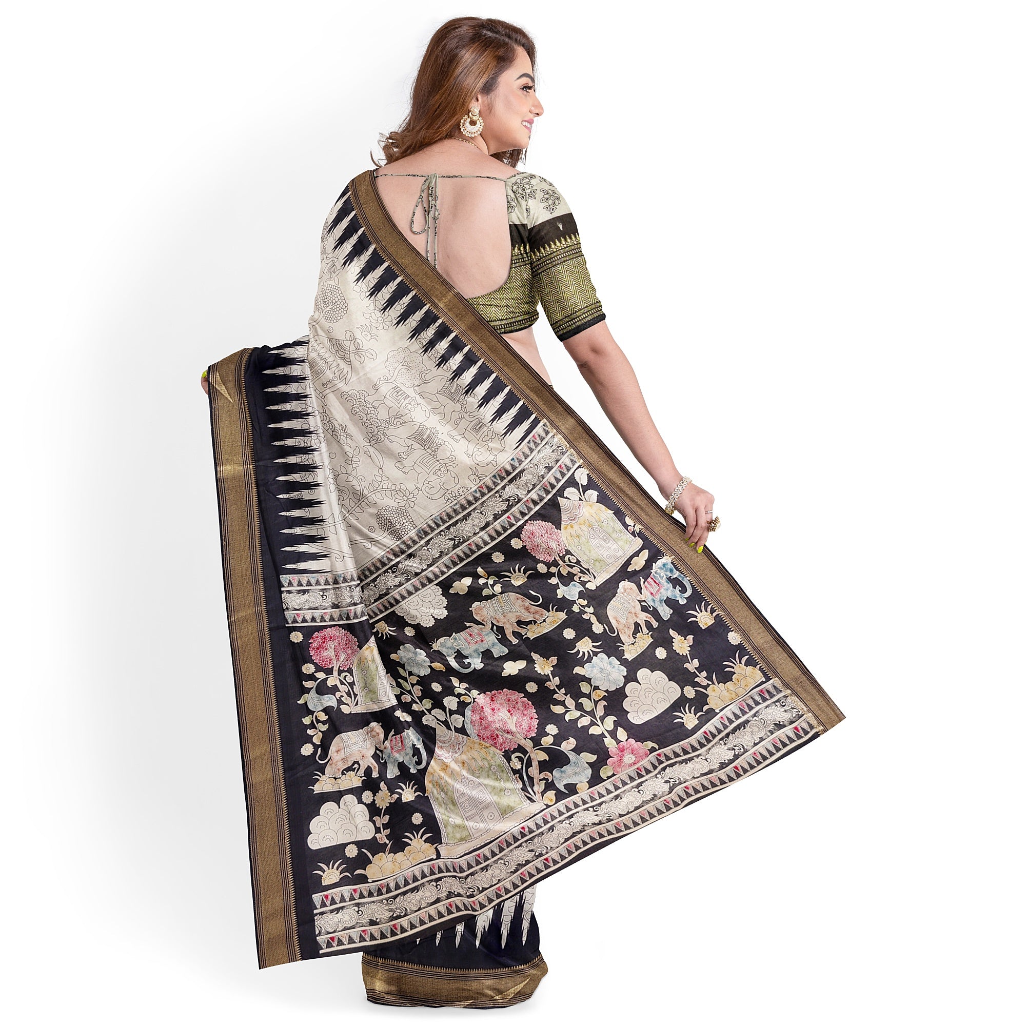 White Fancy Saree with Black Border and Kalamkari Outline Print – Contemporary Ethnic Saree Online