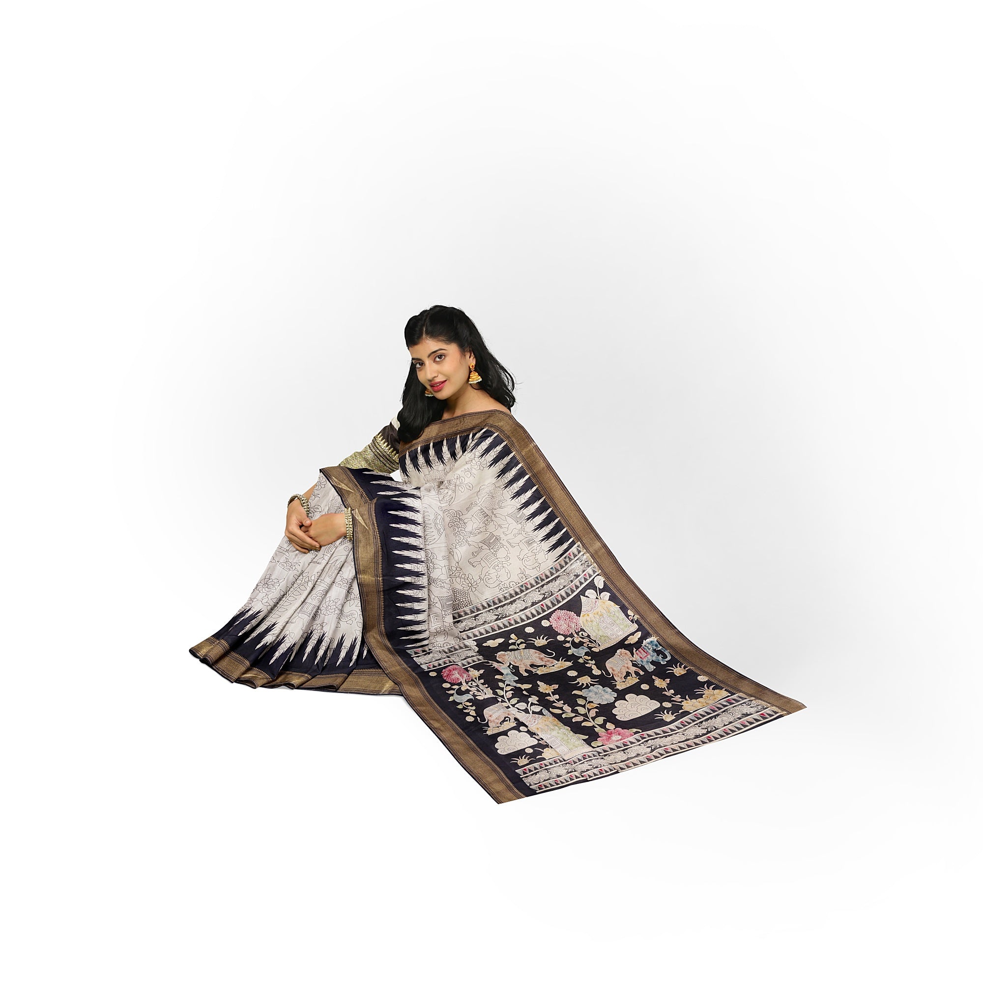 White Fancy Saree with Black Border and Kalamkari Outline Print – Contemporary Ethnic Saree Online