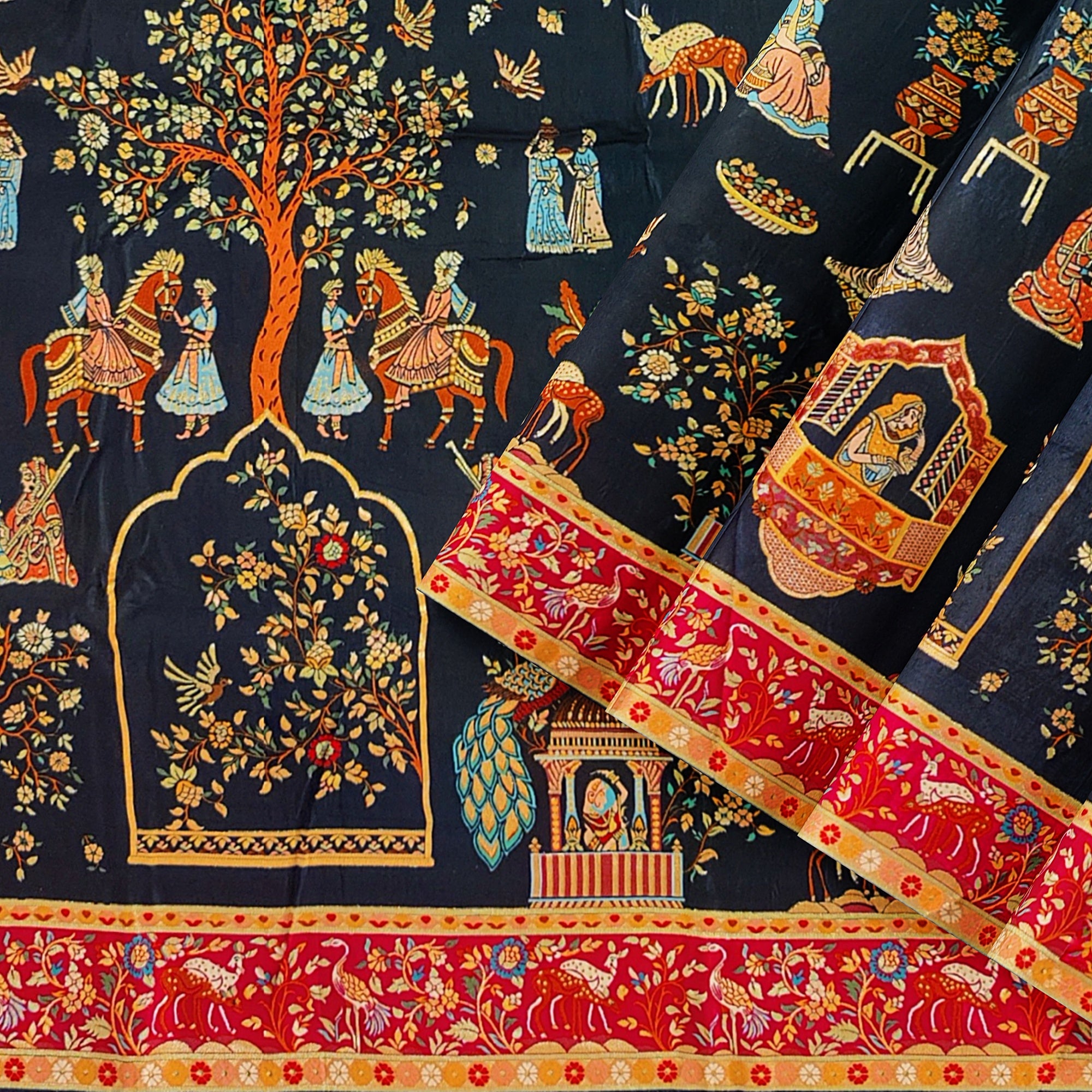 Mughal Work Saree with Animal Border and Zari Work – Regal Traditional Saree Online