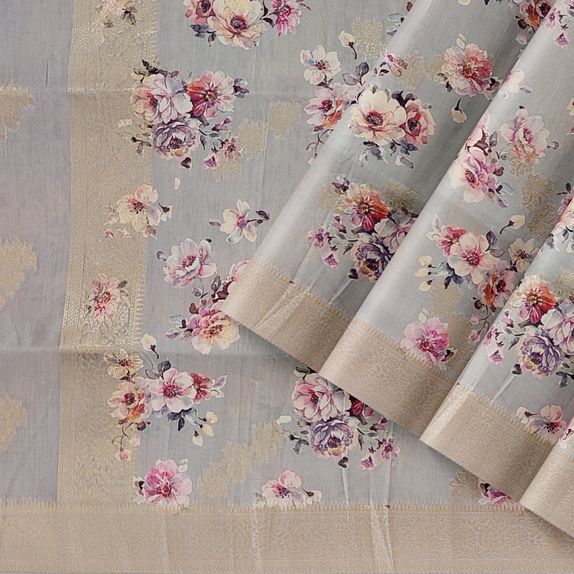 Grey Raw Silk Saree – Floral Fancy Work & Silver Border – Shop Online