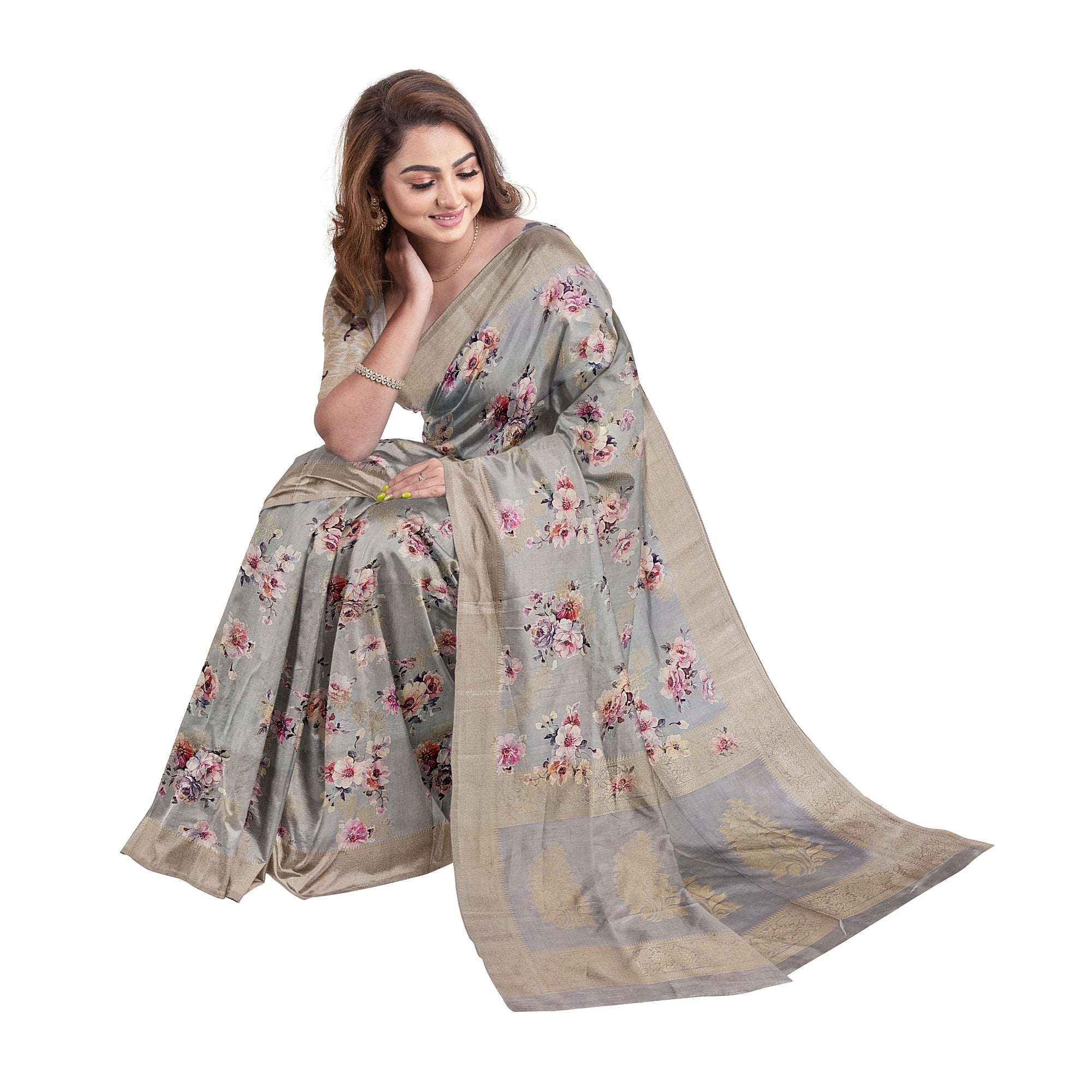 Grey Raw Silk Saree – Floral Fancy Work & Silver Border – Shop Online