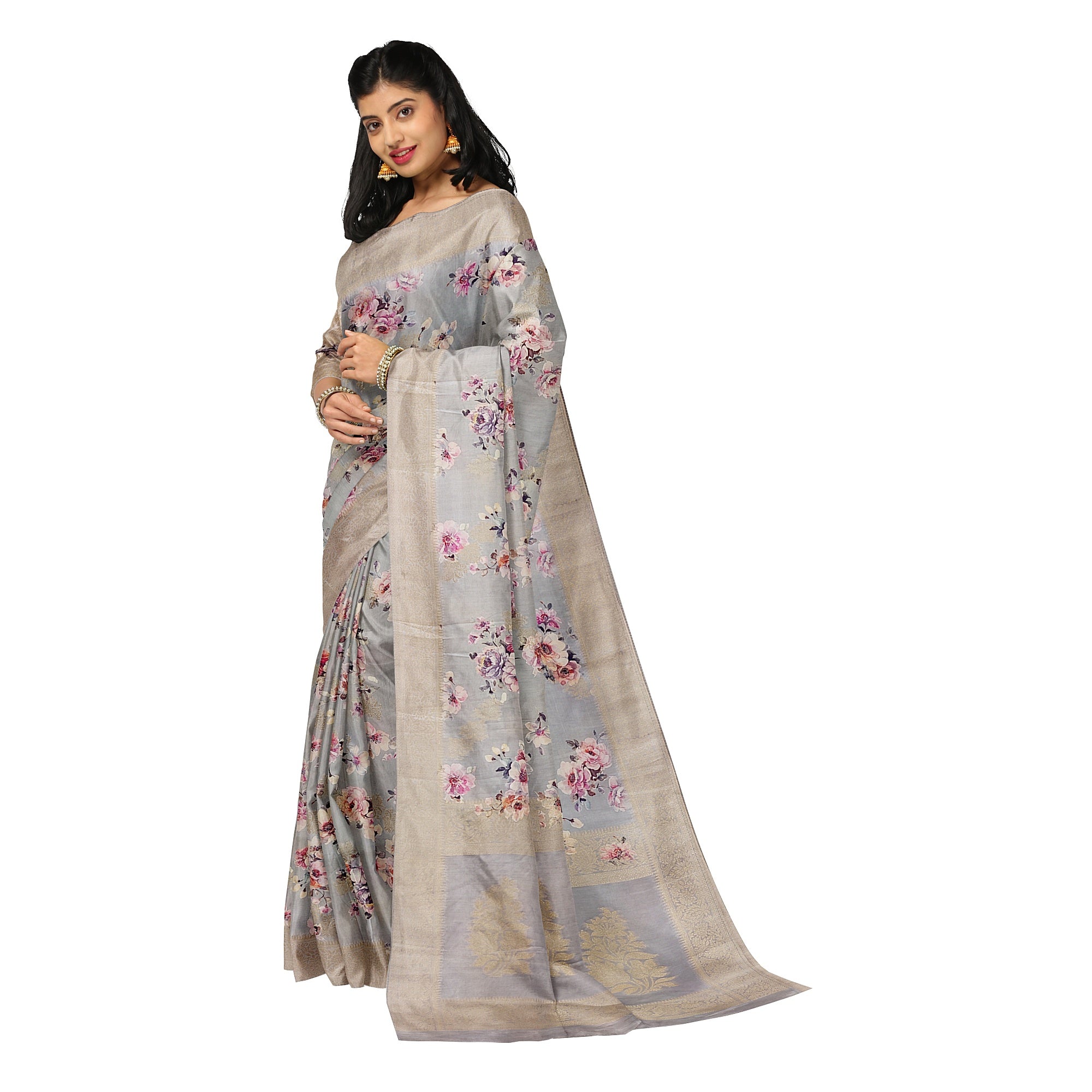 Grey Raw Silk Saree – Floral Fancy Work & Silver Border – Shop Online