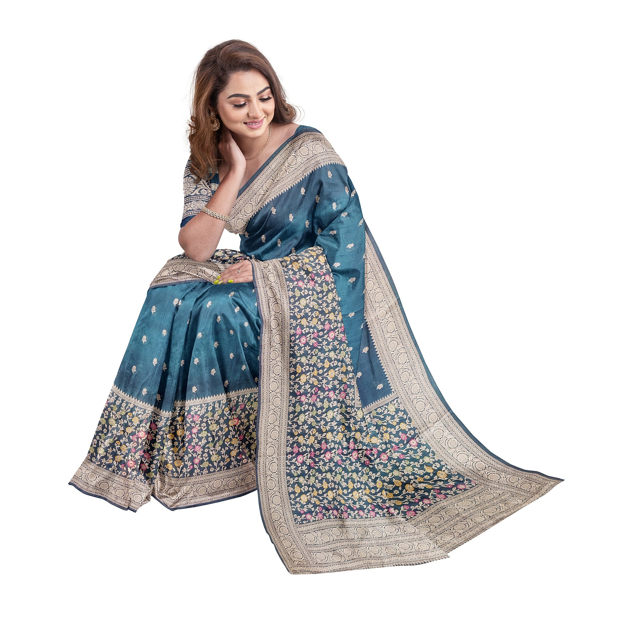 Green Raw Silk Saree – Floral Work & Tassels – Shop Online