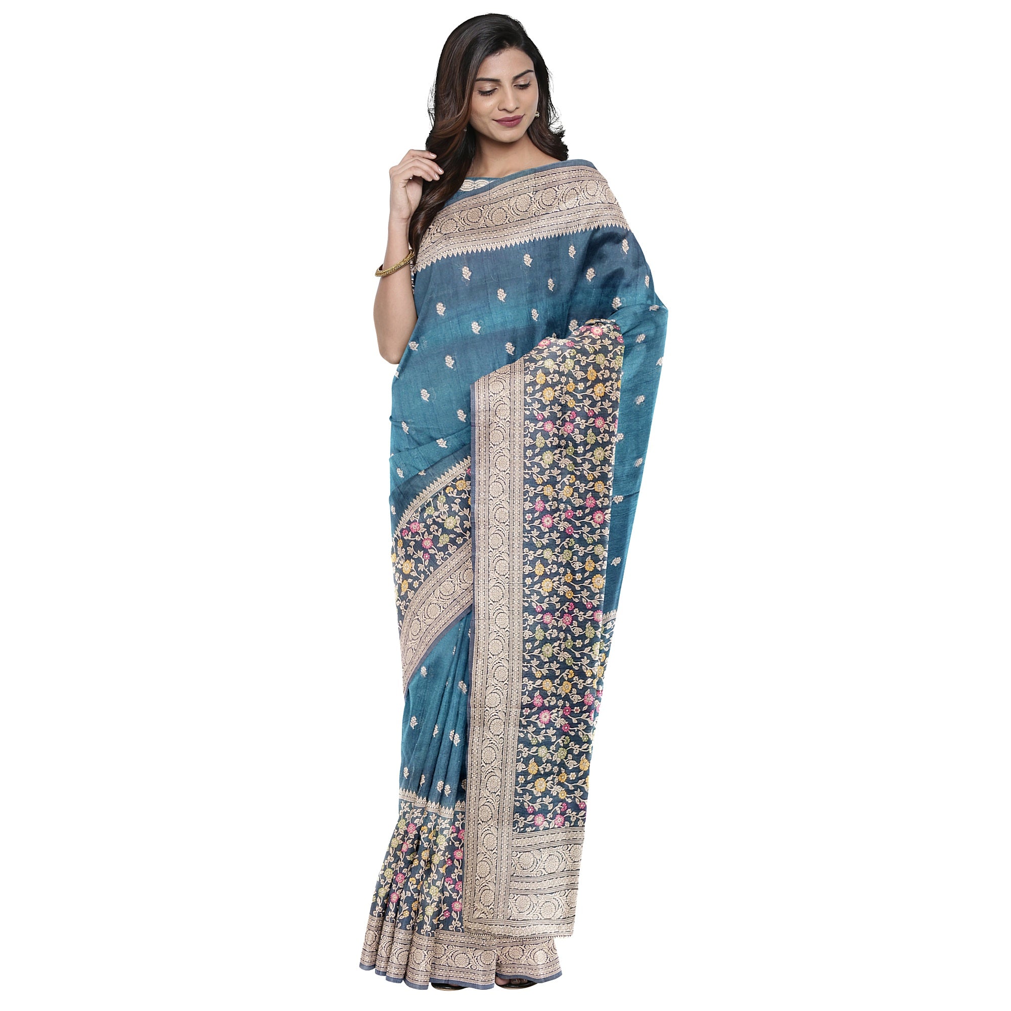 Green Raw Silk Saree – Floral Work & Tassels – Shop Online