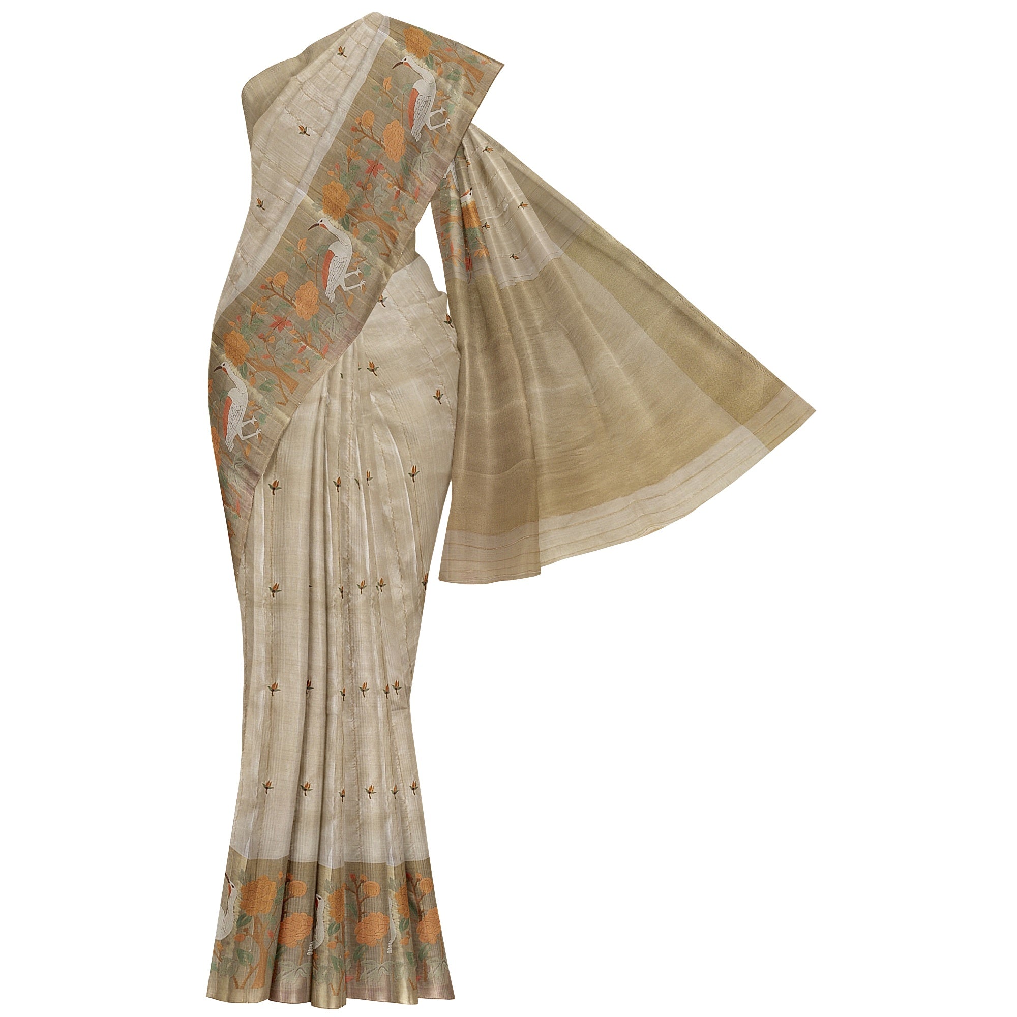 Designer Flamingo Raw Silk Saree with Border – Shop Online