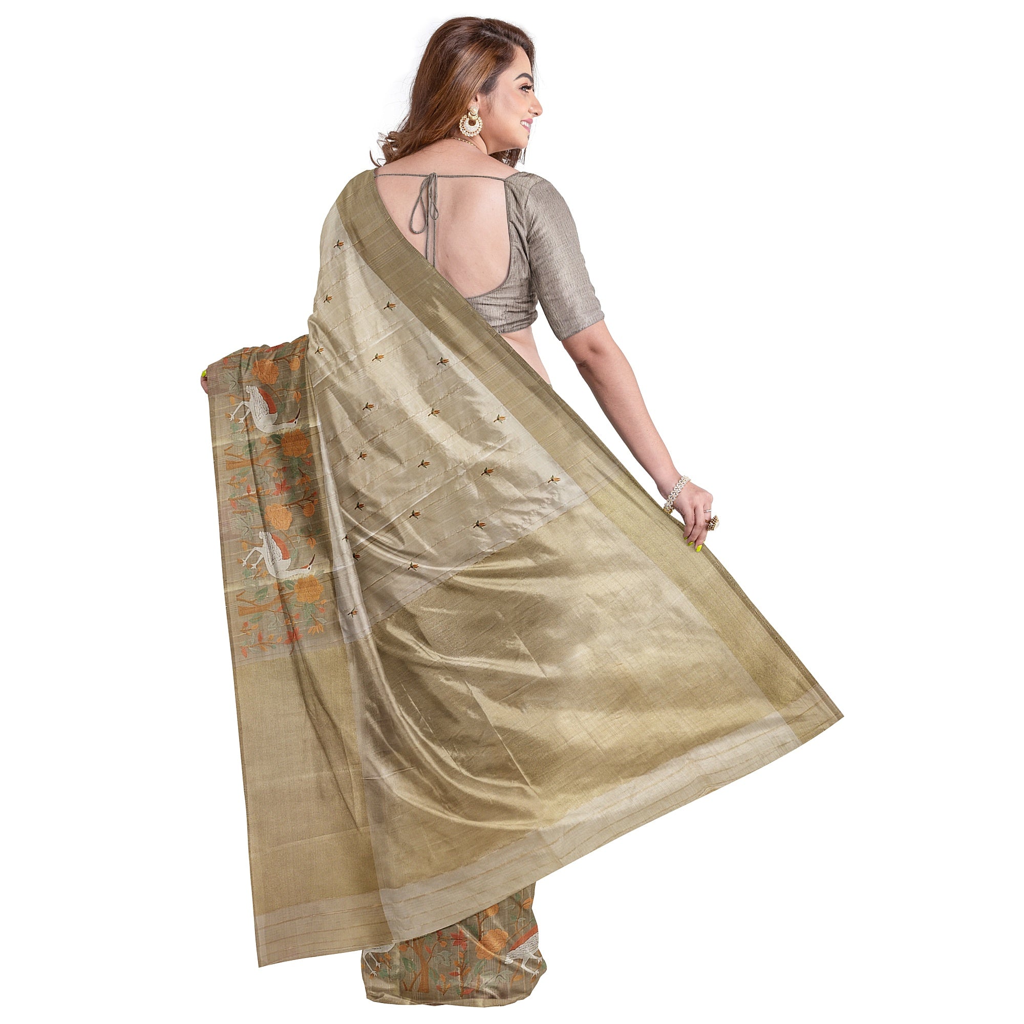 Designer Flamingo Raw Silk Saree with Border – Shop Online