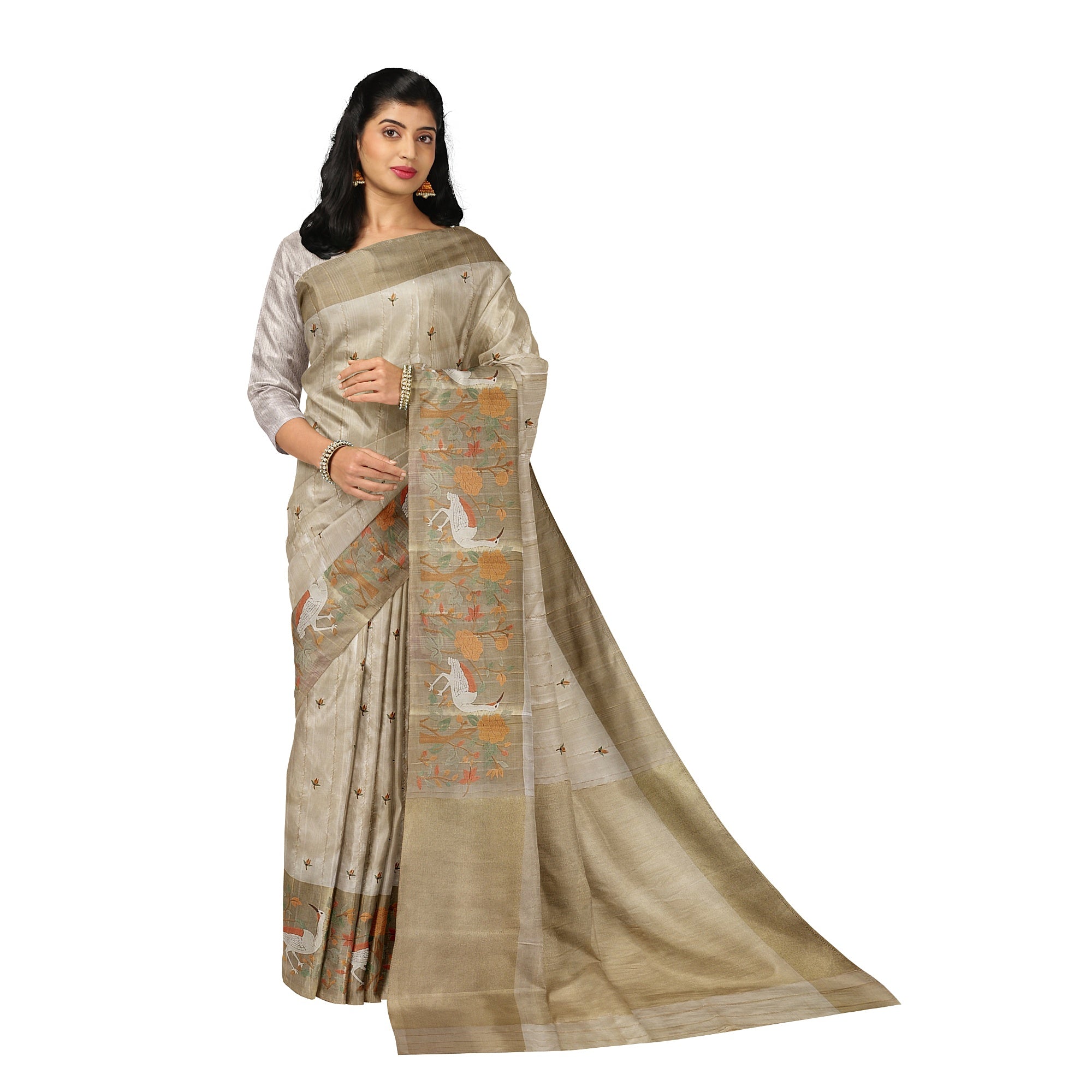 Designer Flamingo Raw Silk Saree with Border – Shop Online