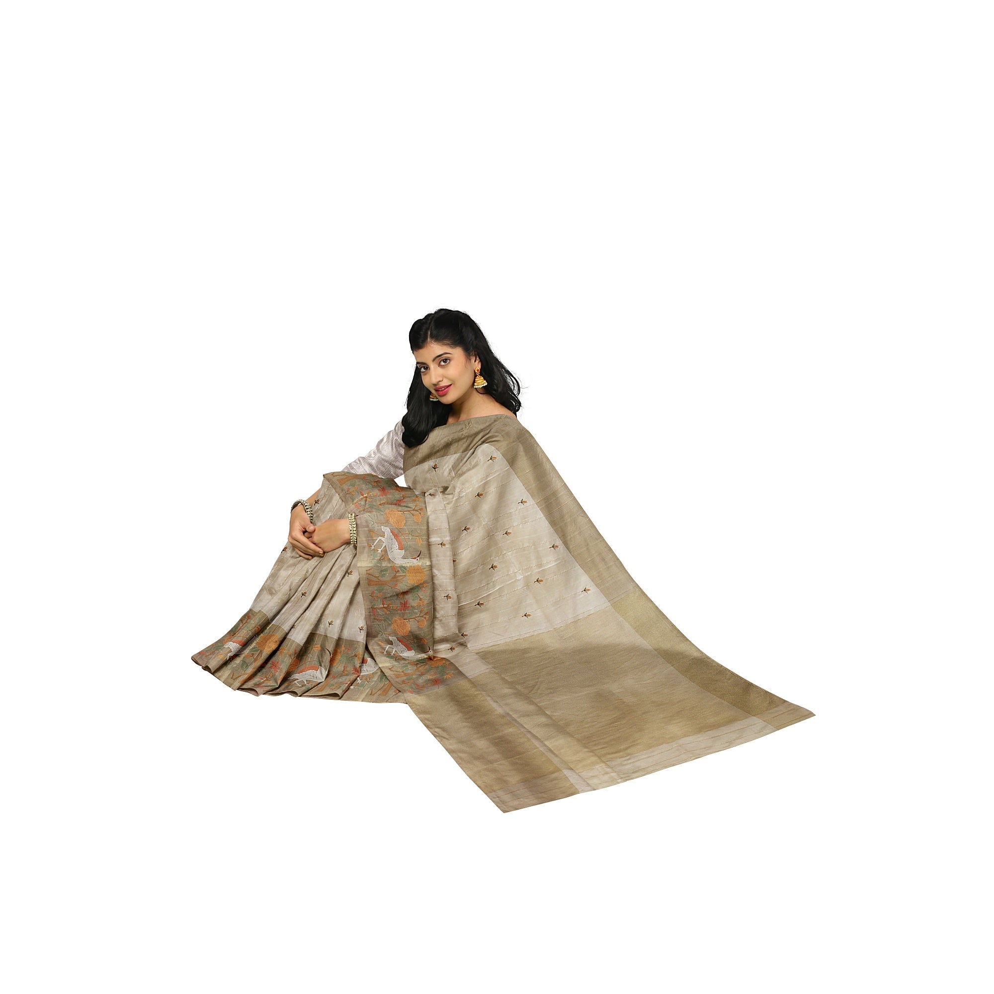 Designer Flamingo Raw Silk Saree with Border – Shop Online