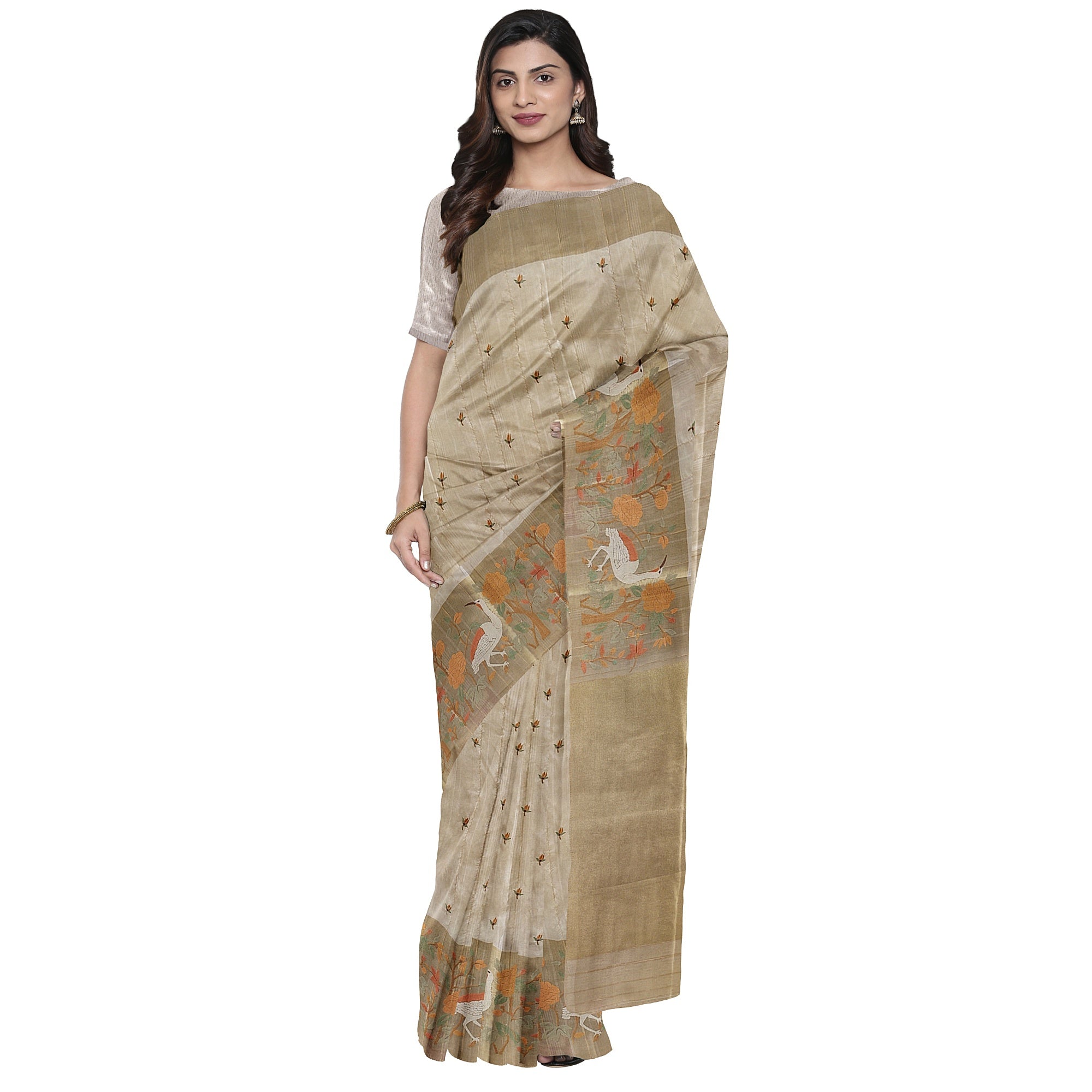 Designer Flamingo Raw Silk Saree with Border – Shop Online
