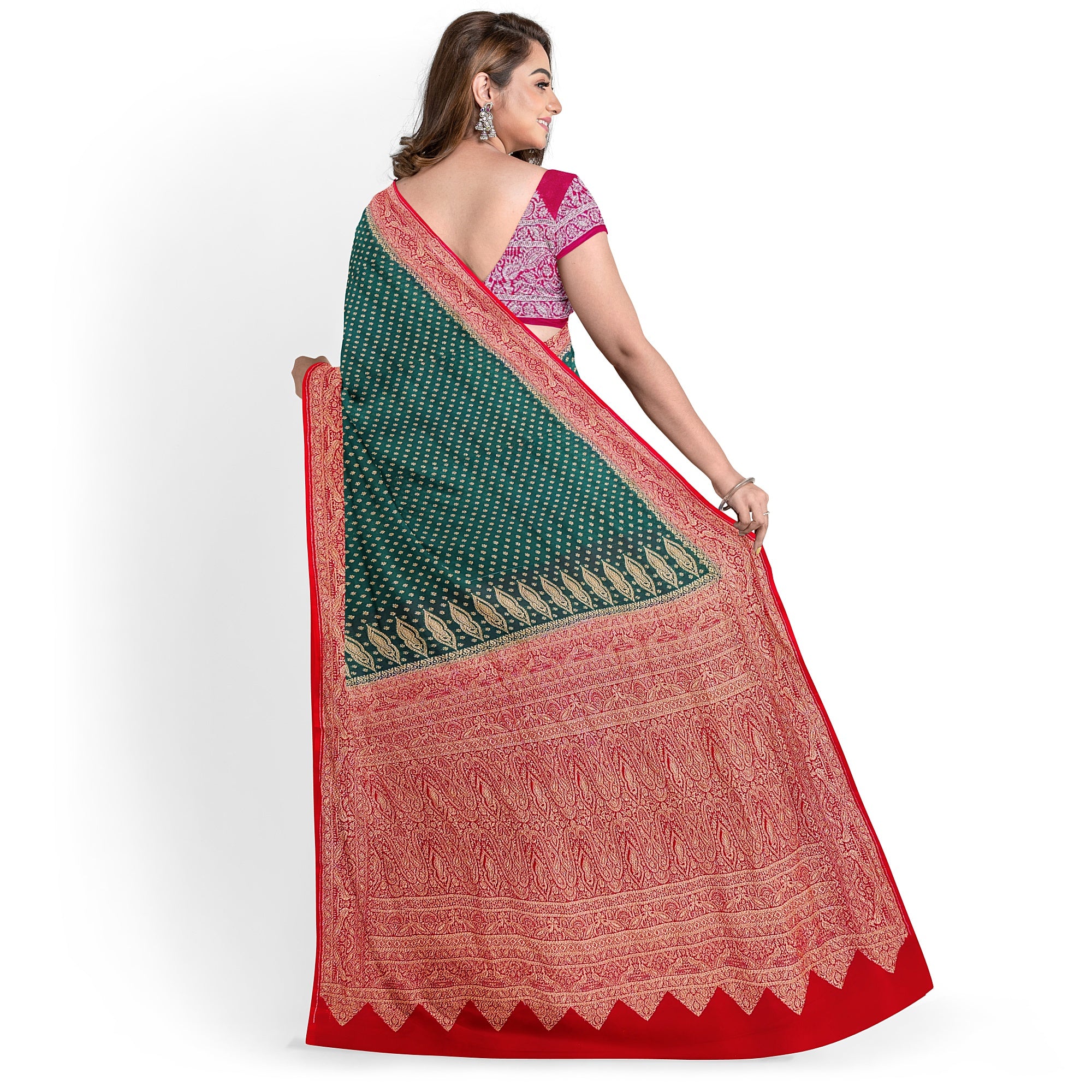 Bottle Green Kanjivaram Silk Saree with Rich Red Zari Border – Classic Handloom Wedding Saree Online - New Sudarshan Silks`