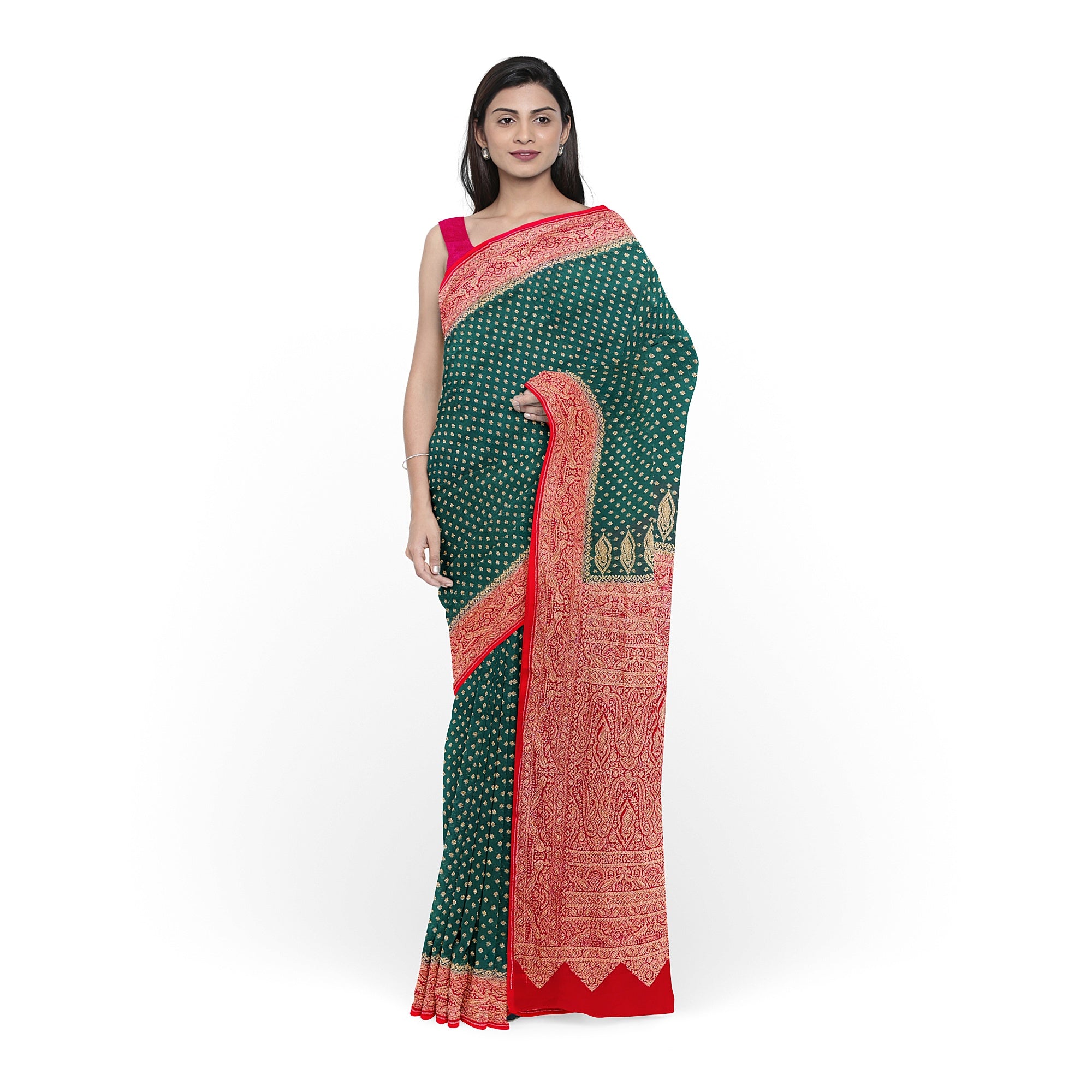 Bottle Green Kanjivaram Silk Saree with Rich Red Zari Border – Classic Handloom Wedding Saree Online - New Sudarshan Silks`