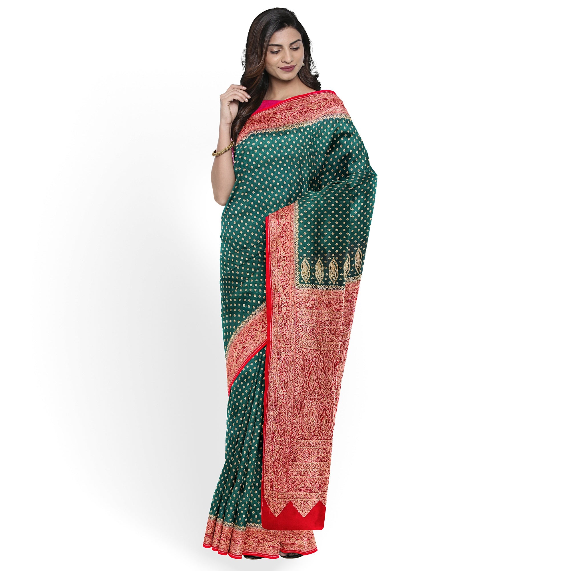 Bottle Green Kanjivaram Silk Saree with Rich Red Zari Border – Classic Handloom Wedding Saree Online - New Sudarshan Silks`