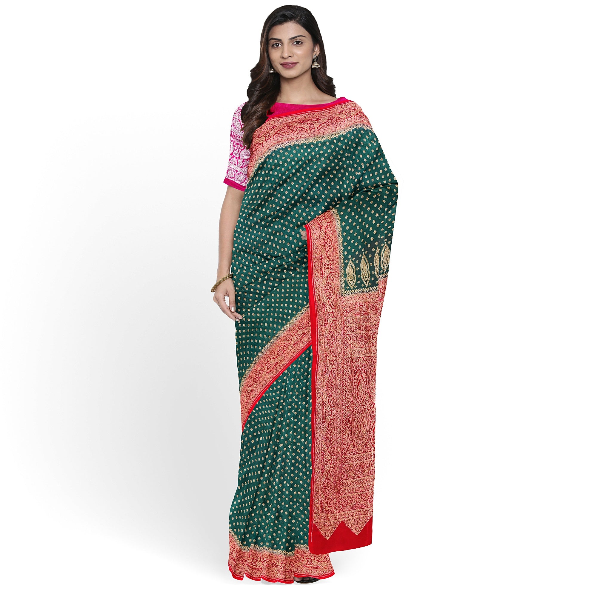 Bottle Green Kanjivaram Silk Saree with Rich Red Zari Border – Classic Handloom Wedding Saree Online - New Sudarshan Silks`