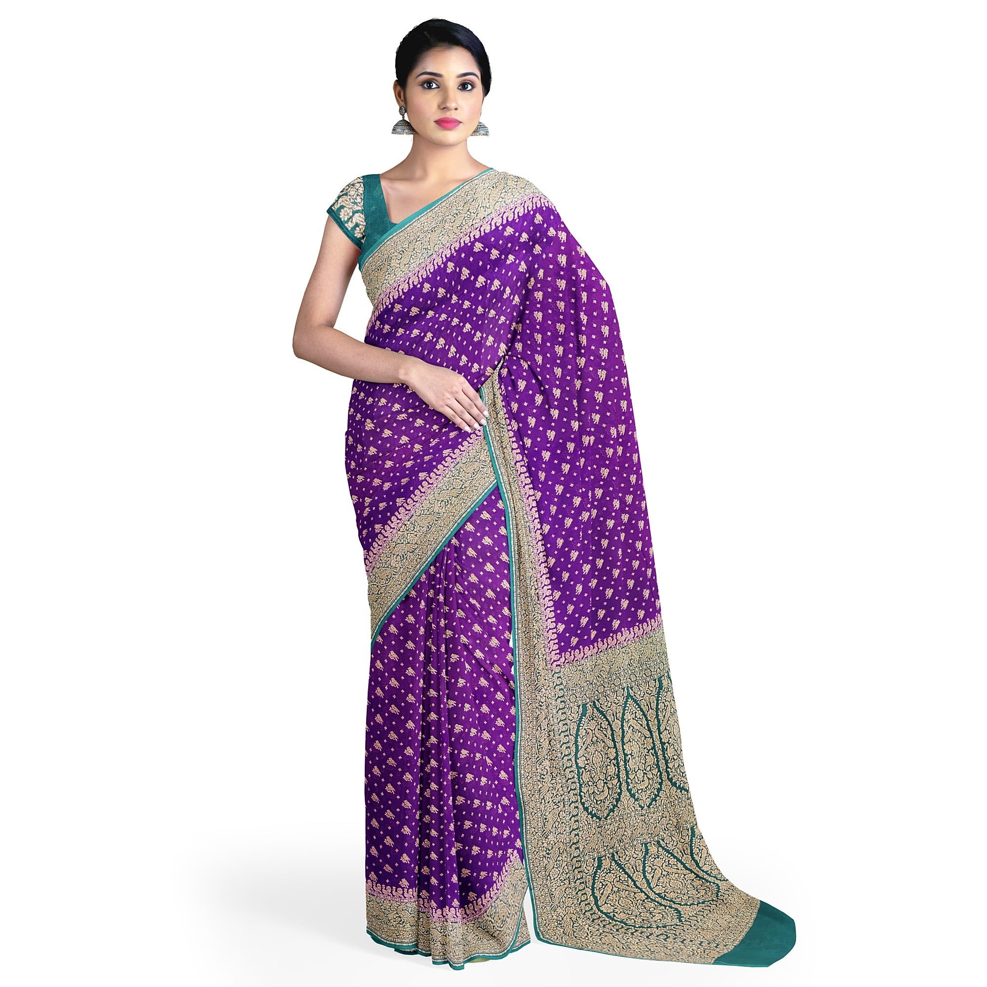 Wine Pure Georgette Silk Saree with Bottle Green Parrot Butta – Luxurious Designer Saree for Celebrations Online - New Sudarshan Silks`