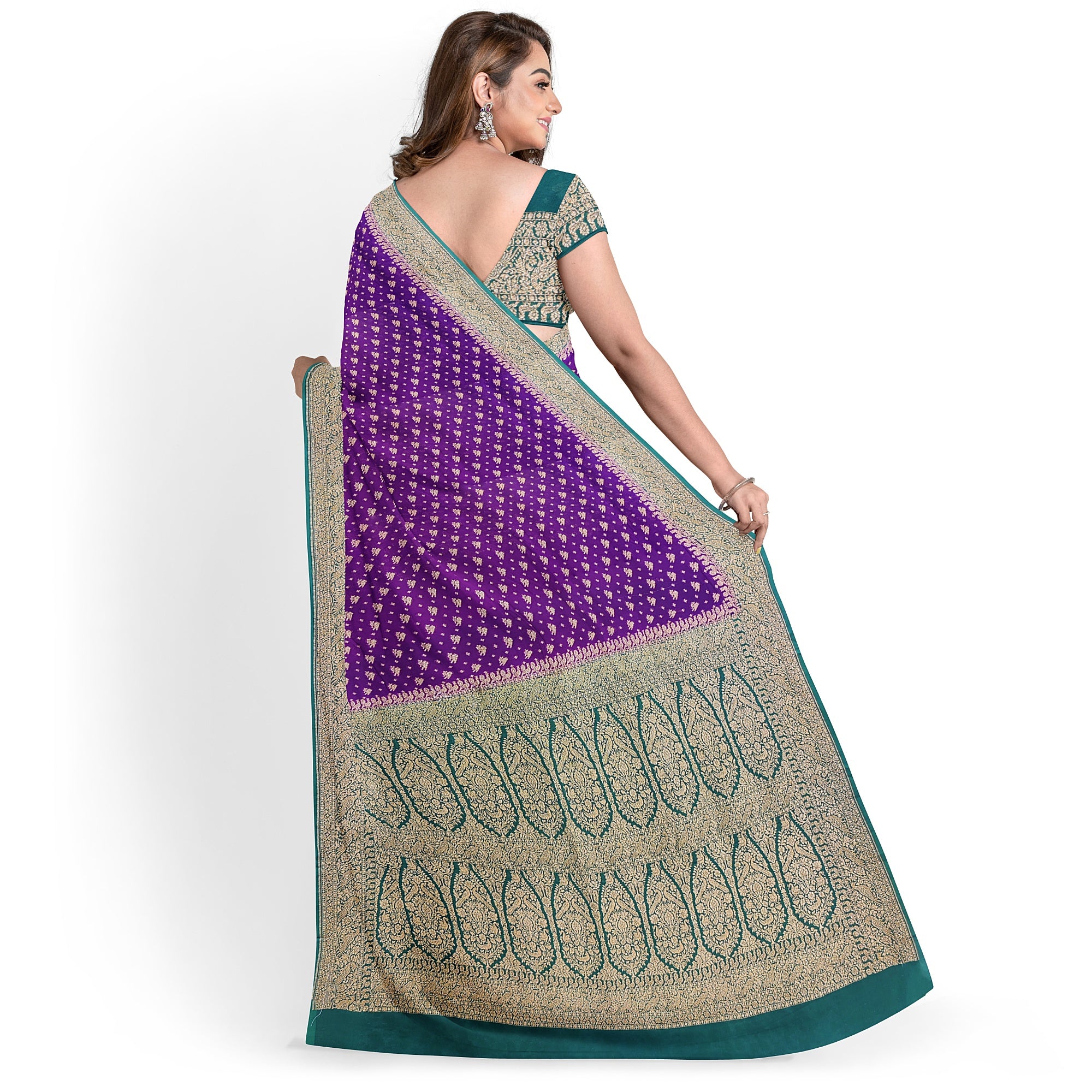 Wine Pure Georgette Silk Saree with Bottle Green Parrot Butta – Luxurious Designer Saree for Celebrations Online - New Sudarshan Silks`