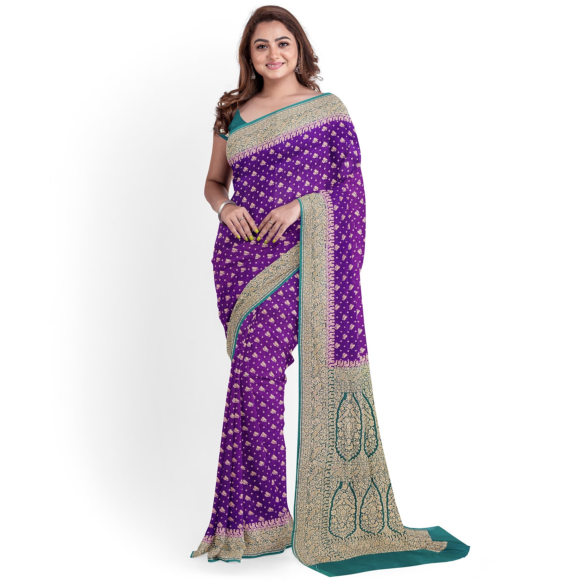 Wine Pure Georgette Silk Saree with Bottle Green Parrot Butta – Luxurious Designer Saree for Celebrations Online - New Sudarshan Silks`