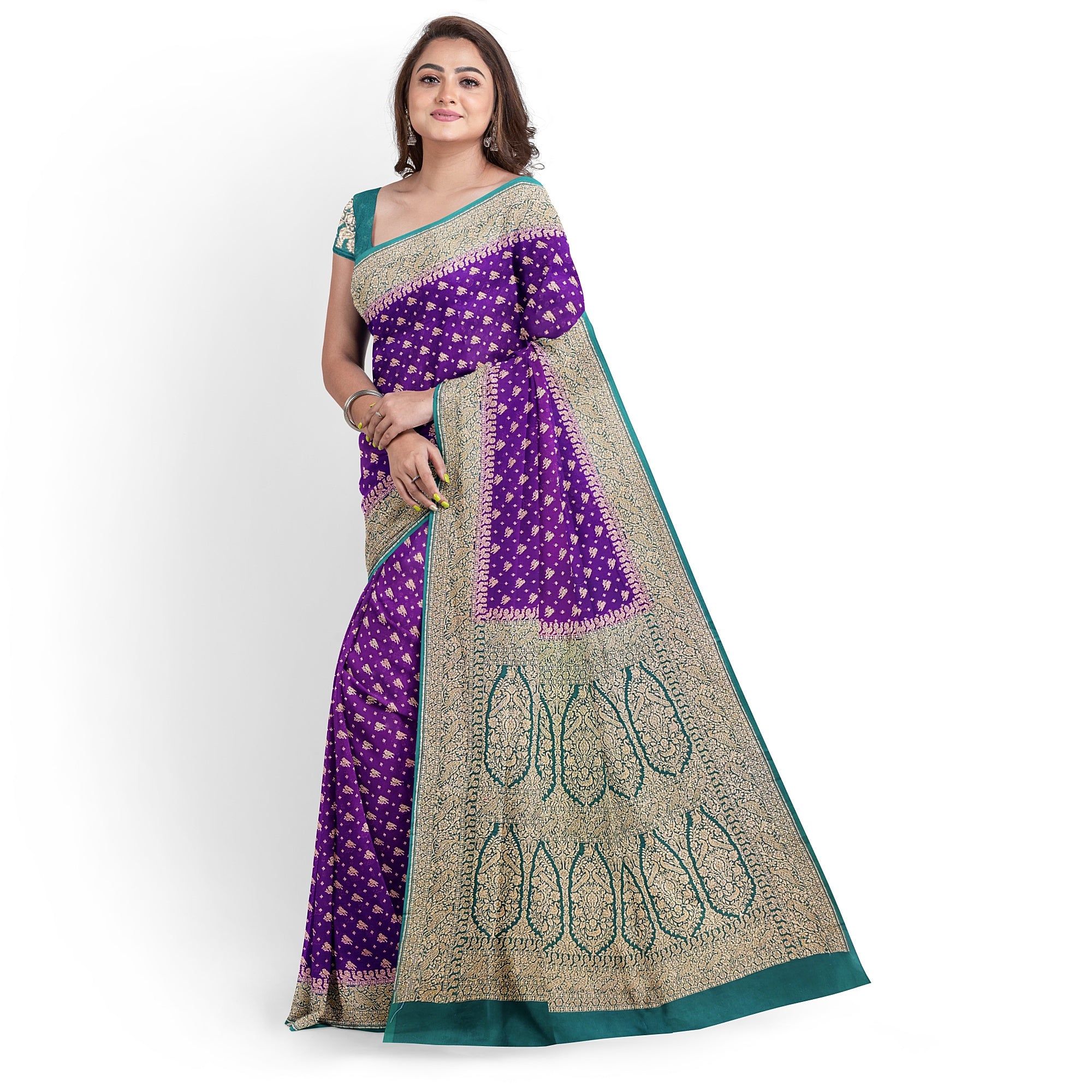 Wine Pure Georgette Silk Saree with Bottle Green Parrot Butta – Luxurious Designer Saree for Celebrations Online - New Sudarshan Silks`