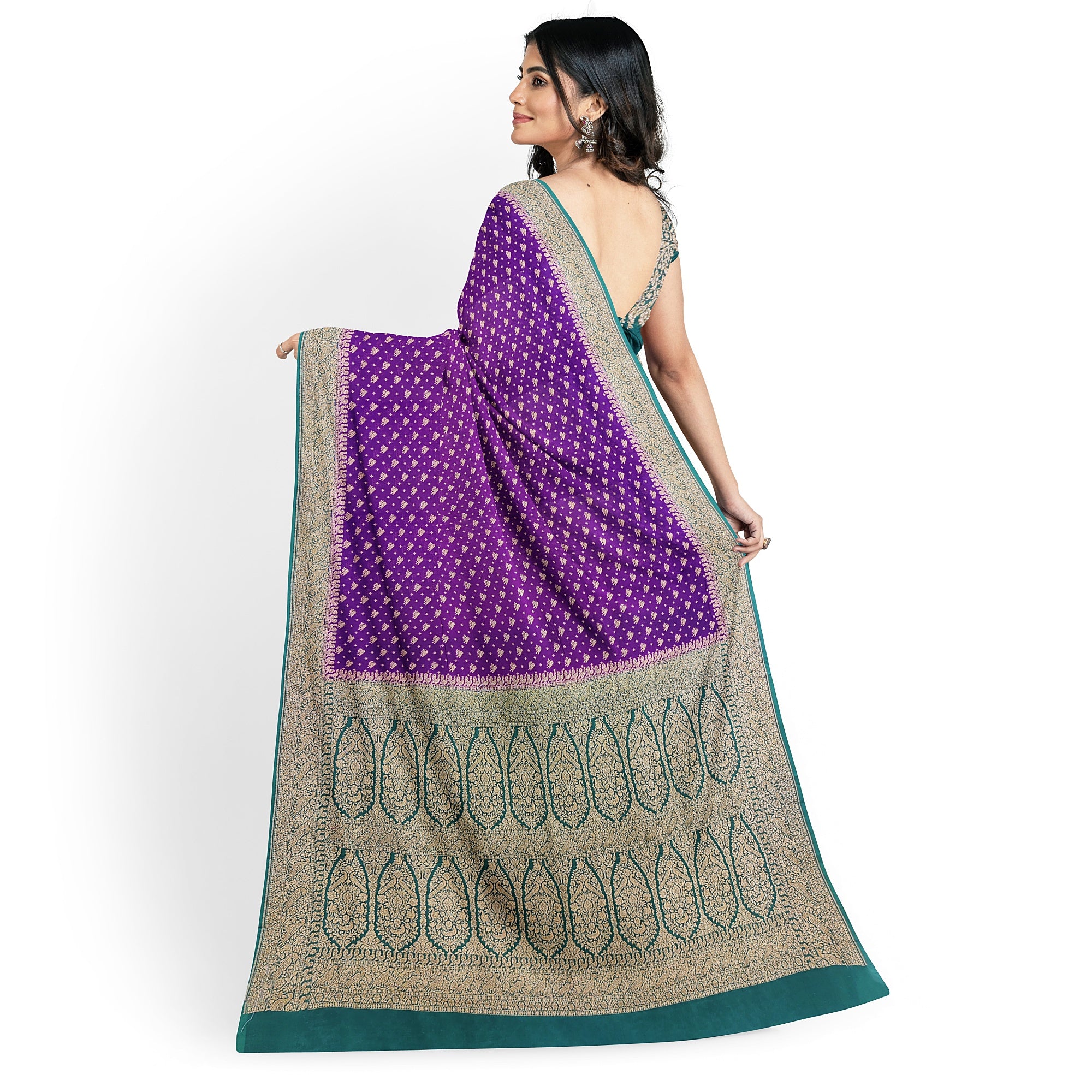 Wine Pure Georgette Silk Saree with Bottle Green Parrot Butta – Luxurious Designer Saree for Celebrations Online - New Sudarshan Silks`