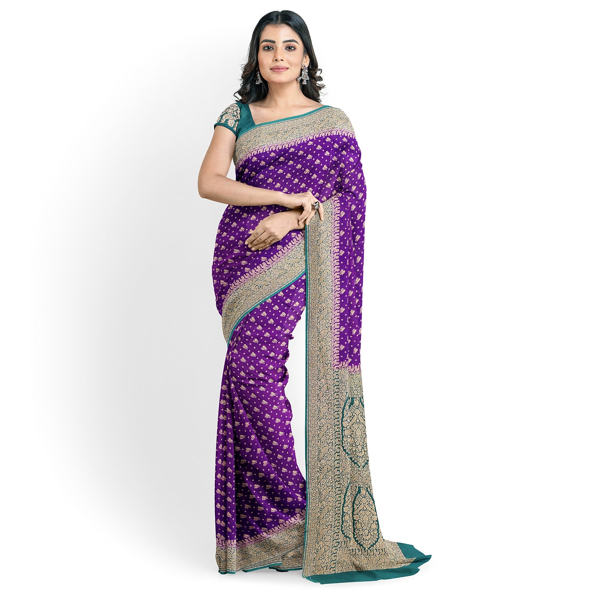 Wine Pure Georgette Silk Saree with Bottle Green Parrot Butta – Luxurious Designer Saree for Celebrations Online - New Sudarshan Silks`