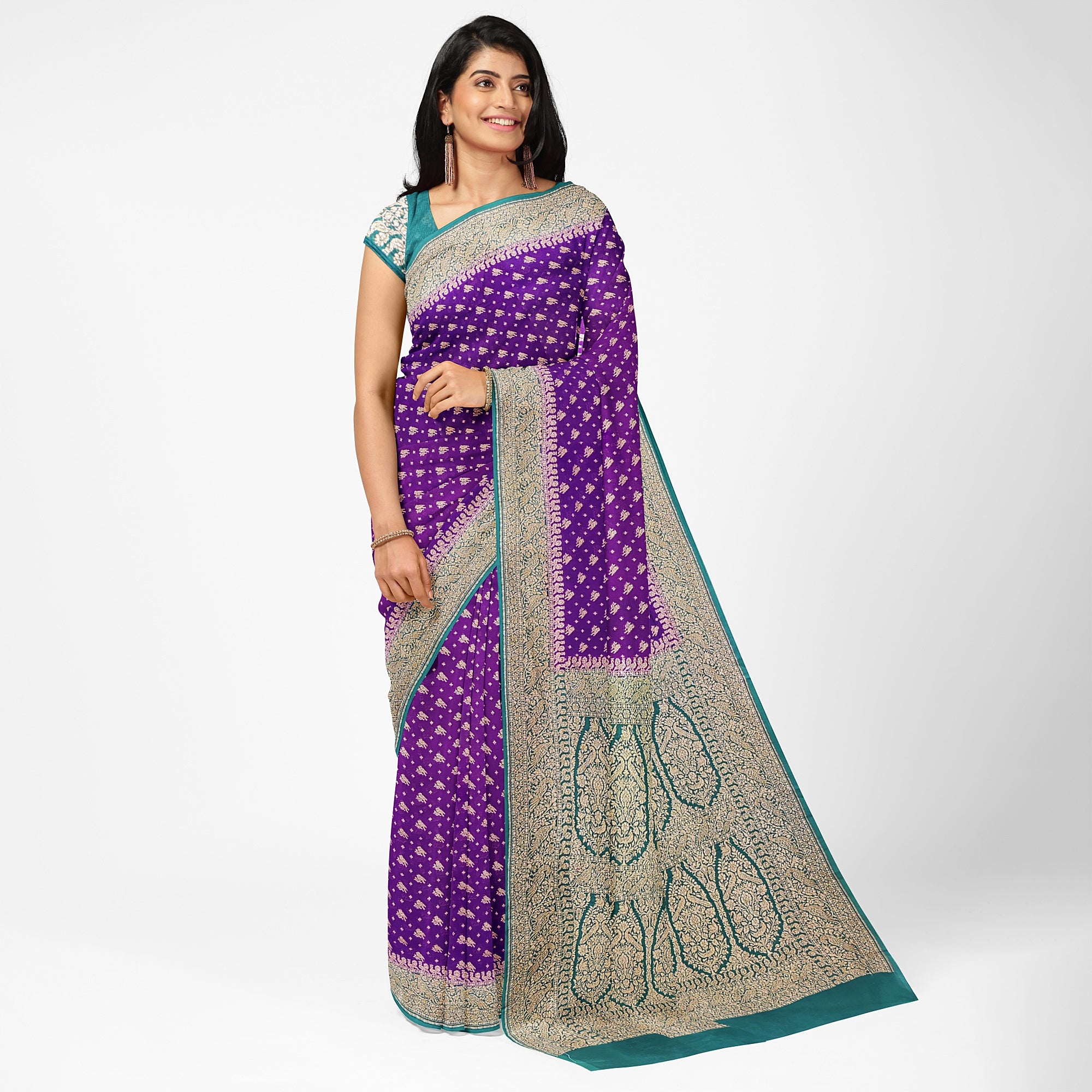 Wine Pure Georgette Silk Saree with Bottle Green Parrot Butta – Luxurious Designer Saree for Celebrations Online - New Sudarshan Silks`
