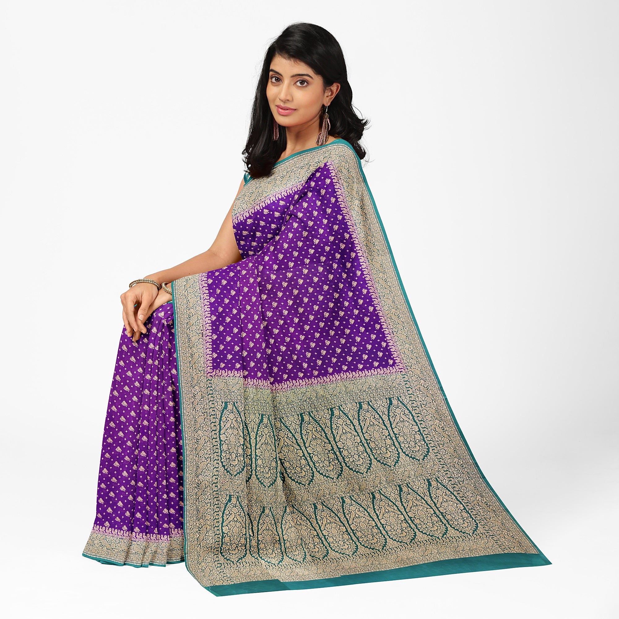 Wine Pure Georgette Silk Saree with Bottle Green Parrot Butta – Luxurious Designer Saree for Celebrations Online - New Sudarshan Silks`