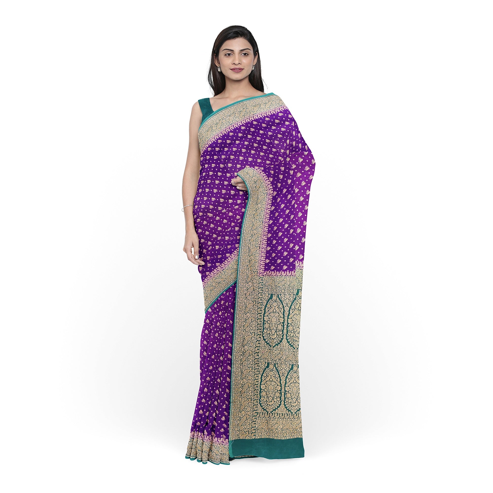 Wine Pure Georgette Silk Saree with Bottle Green Parrot Butta – Luxurious Designer Saree for Celebrations Online - New Sudarshan Silks`