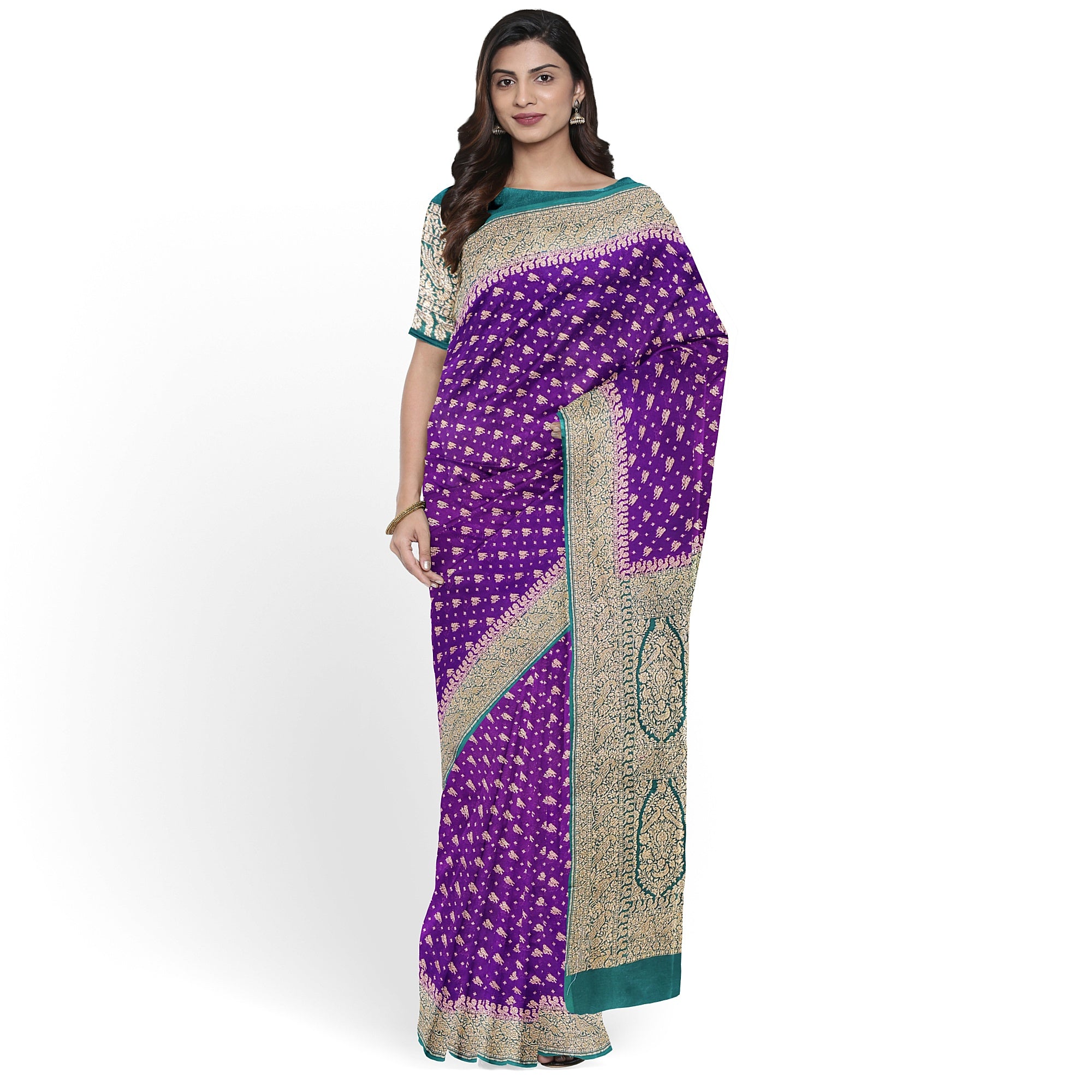Wine Pure Georgette Silk Saree with Bottle Green Parrot Butta – Luxurious Designer Saree for Celebrations Online - New Sudarshan Silks`