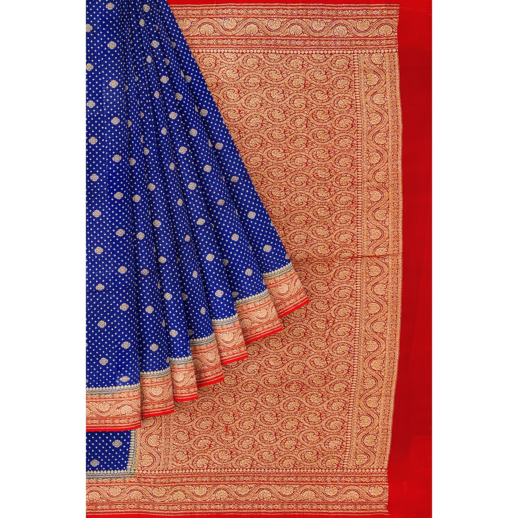Navy Blue Pure Georgette Silk Saree with Red Zari Accents – Elegant Traditional Saree for Weddings Online - New Sudarshan Silks`