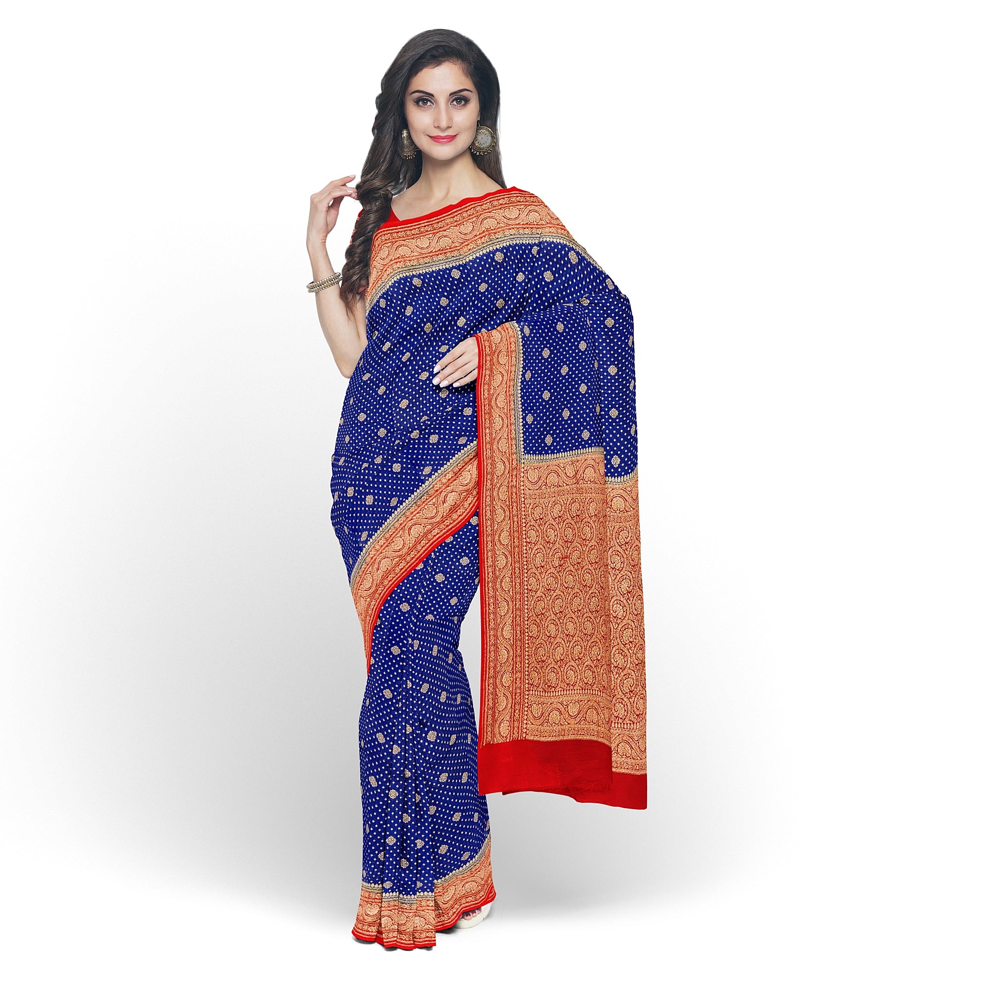 Navy Blue Pure Georgette Silk Saree with Red Zari Accents – Elegant Traditional Saree for Weddings Online - New Sudarshan Silks`