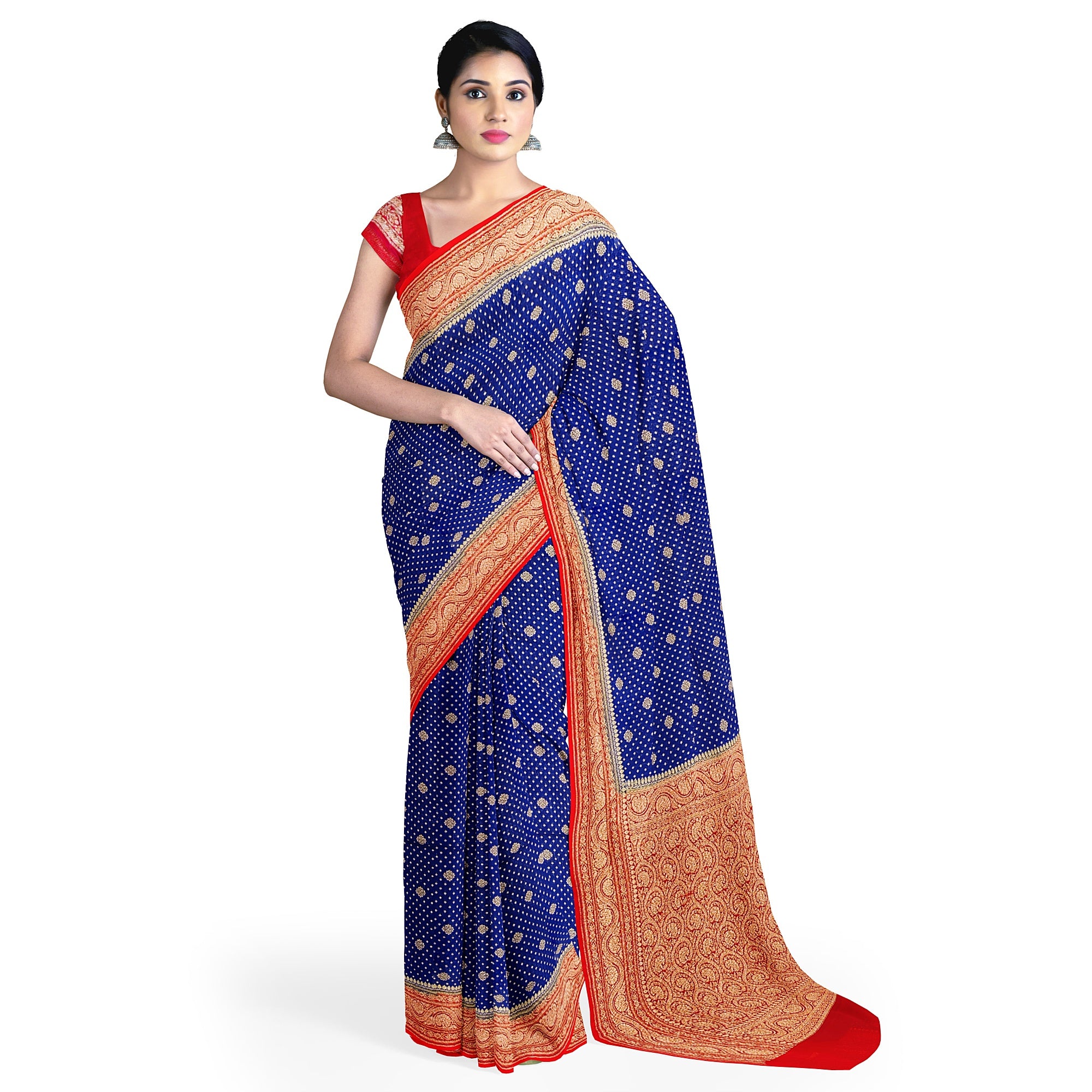 Navy Blue Pure Georgette Silk Saree with Red Zari Accents – Elegant Traditional Saree for Weddings Online - New Sudarshan Silks`
