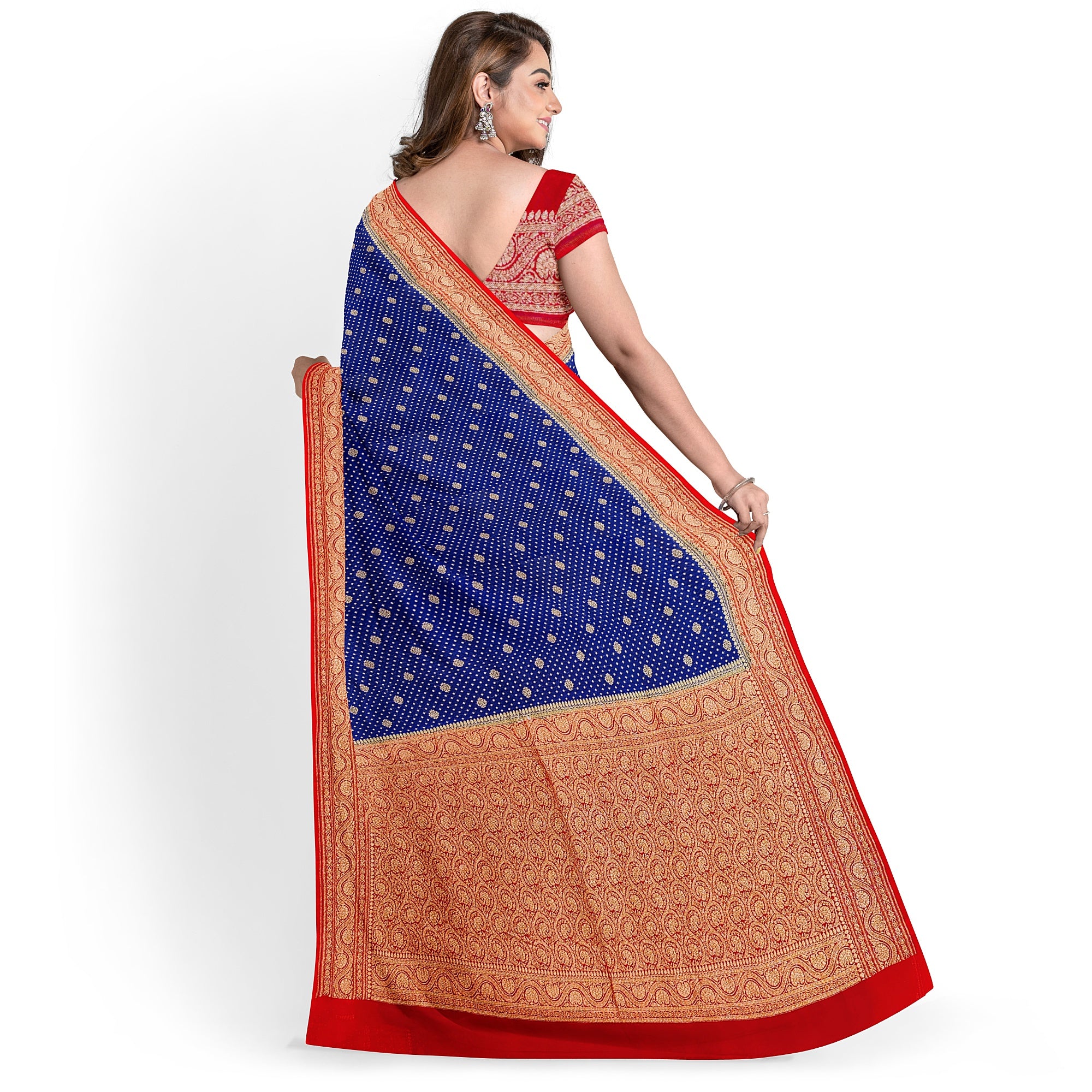 Navy Blue Pure Georgette Silk Saree with Red Zari Accents – Elegant Traditional Saree for Weddings Online - New Sudarshan Silks`