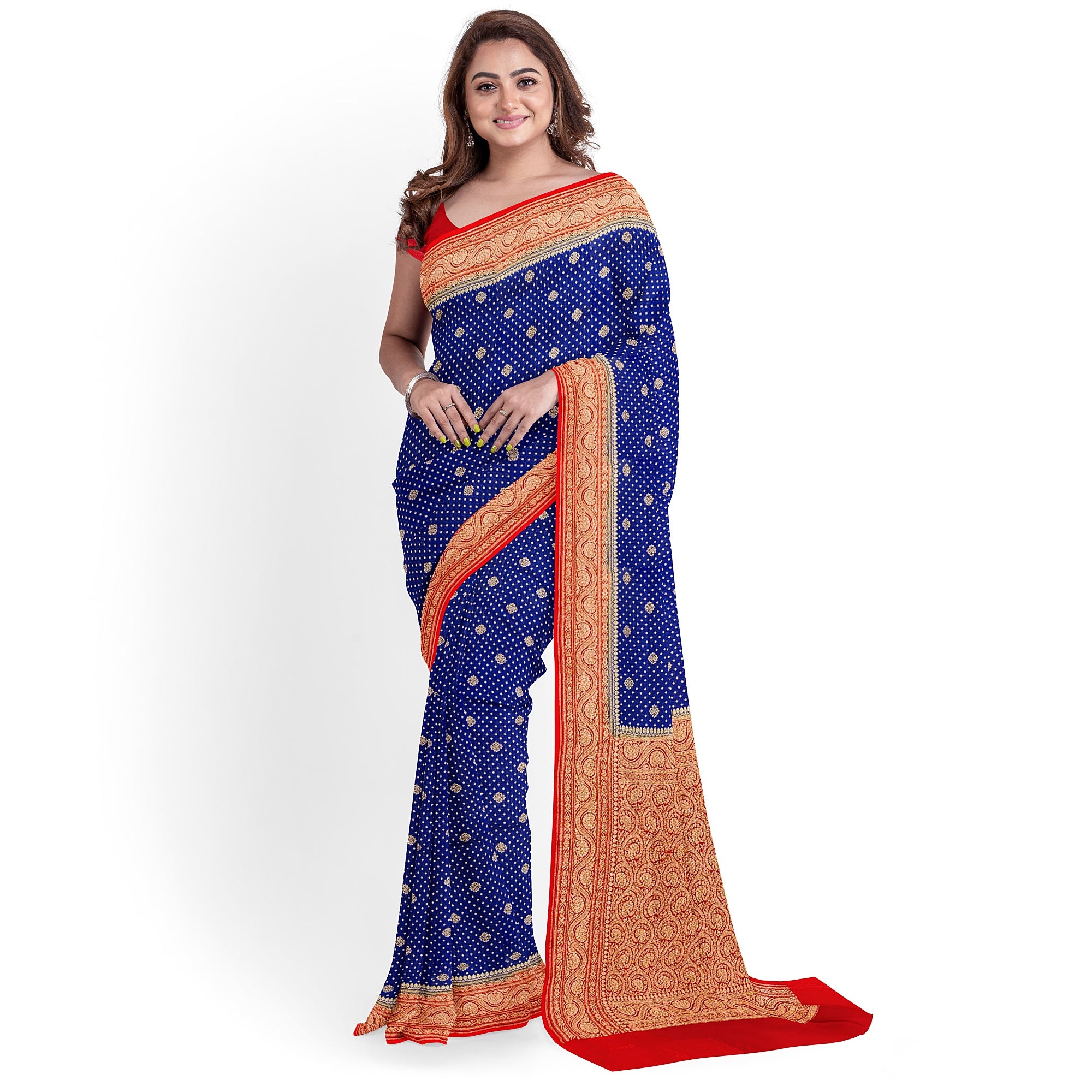 Navy Blue Pure Georgette Silk Saree with Red Zari Accents – Elegant Traditional Saree for Weddings Online - New Sudarshan Silks`
