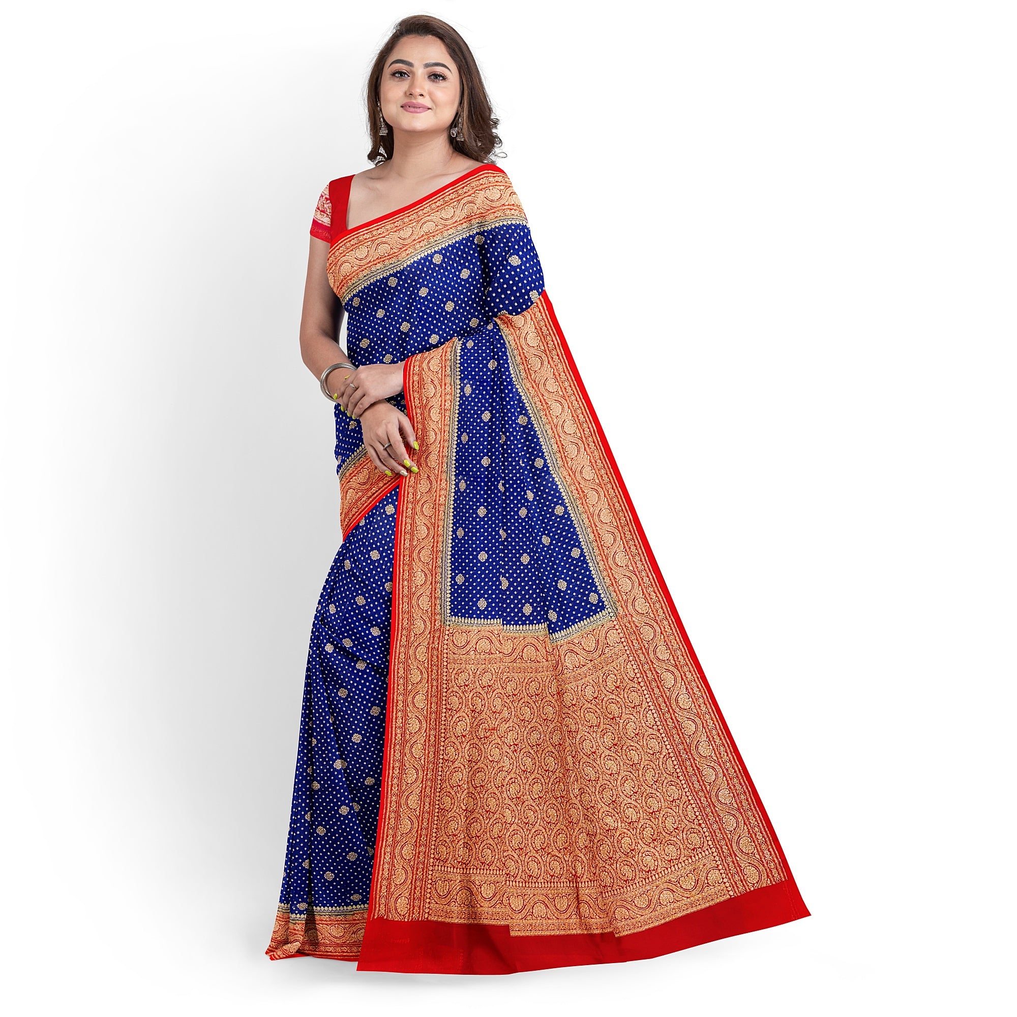 Navy Blue Pure Georgette Silk Saree with Red Zari Accents – Elegant Traditional Saree for Weddings Online - New Sudarshan Silks`