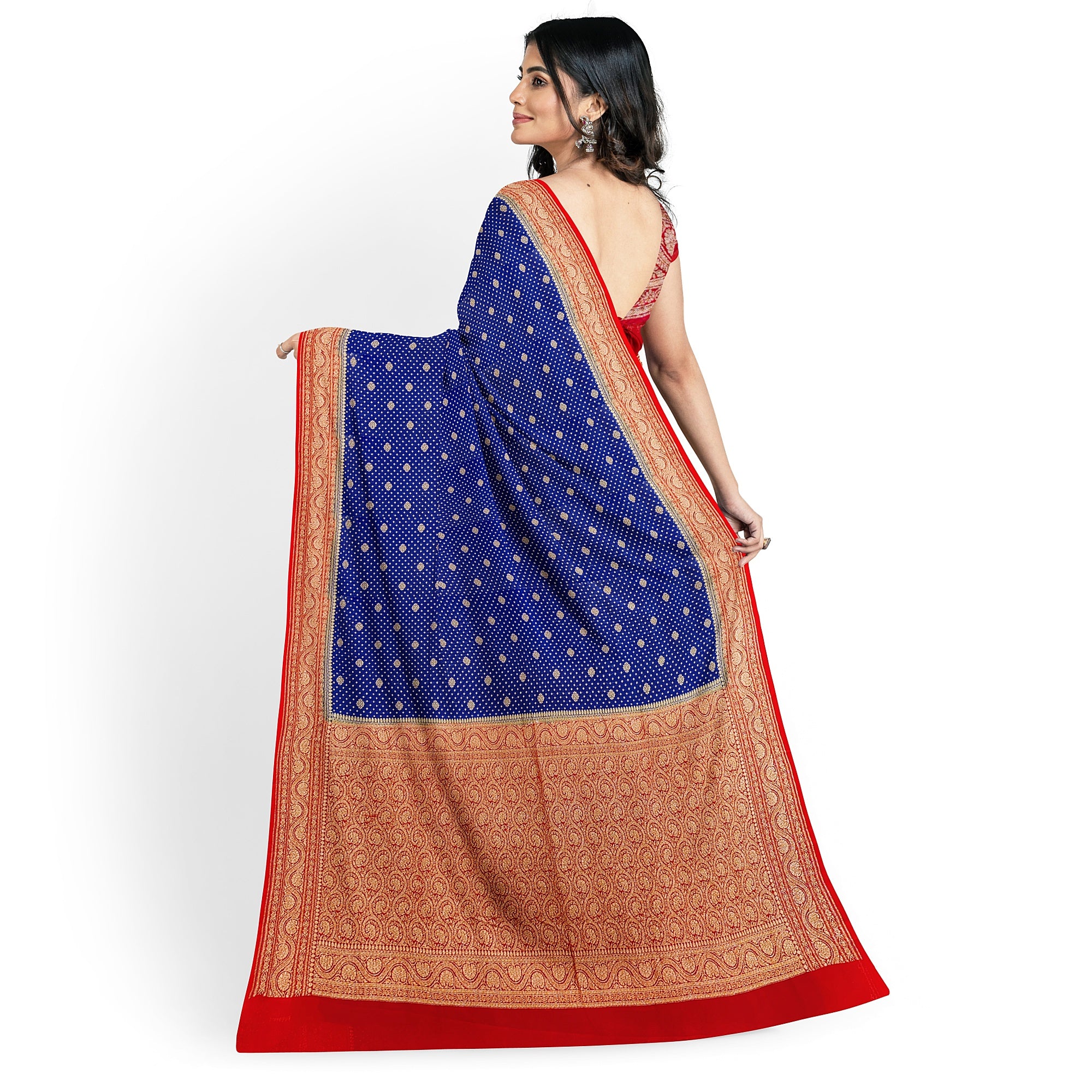 Navy Blue Pure Georgette Silk Saree with Red Zari Accents – Elegant Traditional Saree for Weddings Online - New Sudarshan Silks`